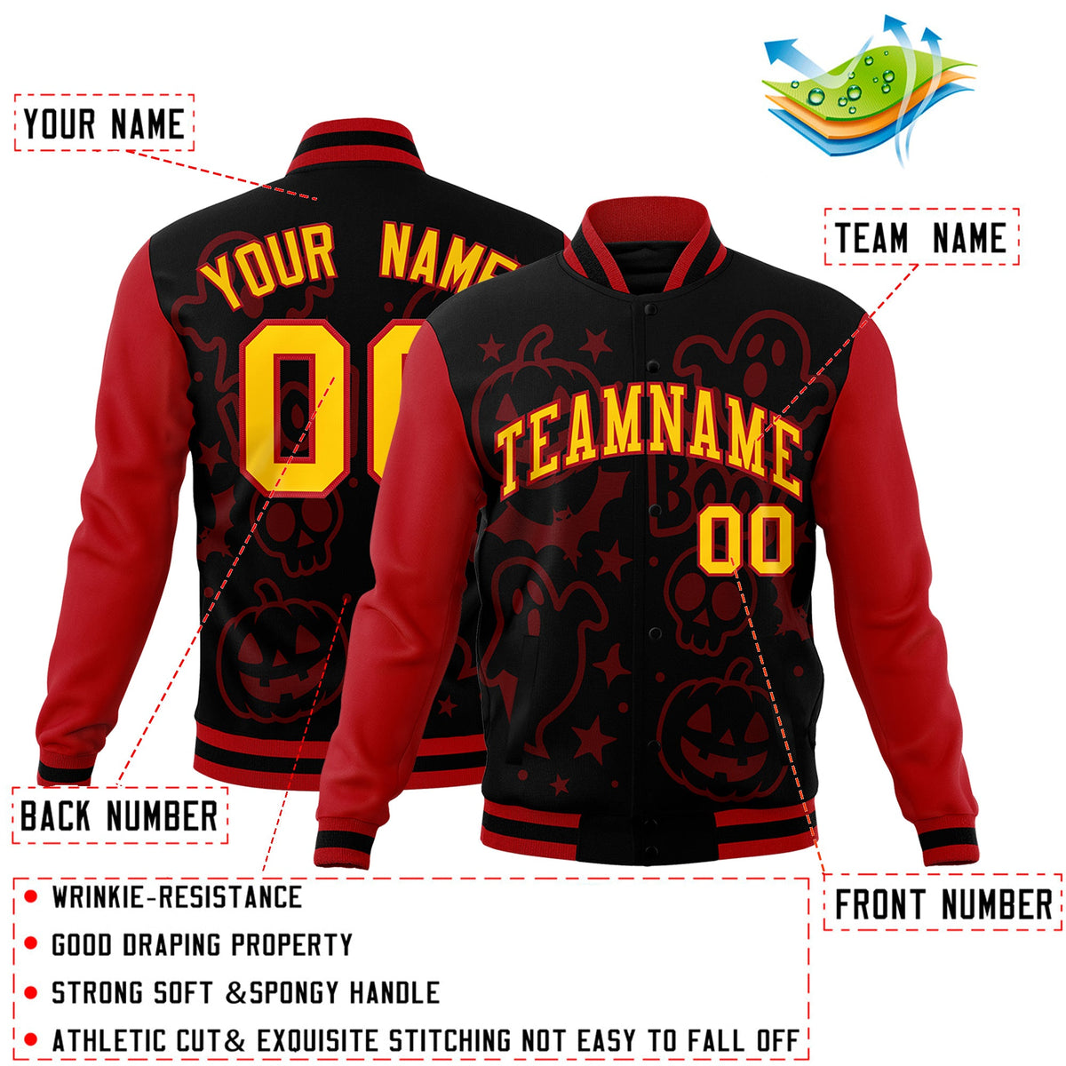 Custom Red Black Gold Bats Pumpkins Ghost Patterns Halloween Letterman Jacket | Custom Letterman Jacket,Add Name and Numbern,Sublimation Printed &amp; Stitched,Perfect for Parties | KXKSHOP