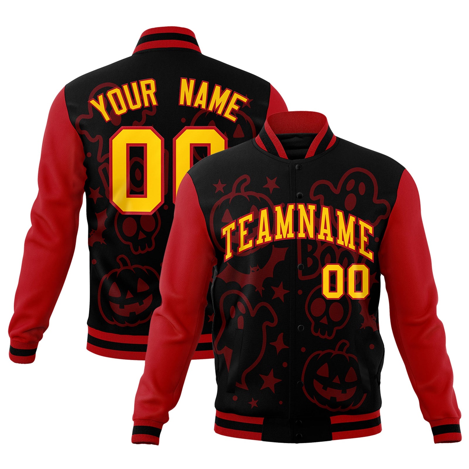 Custom Red Black Gold Bats Pumpkins Ghost Patterns Halloween Letterman Jacket | Custom Letterman Jacket,Add Name and Numbern,Sublimation Printed & Stitched,Perfect for Parties | KXKSHOP