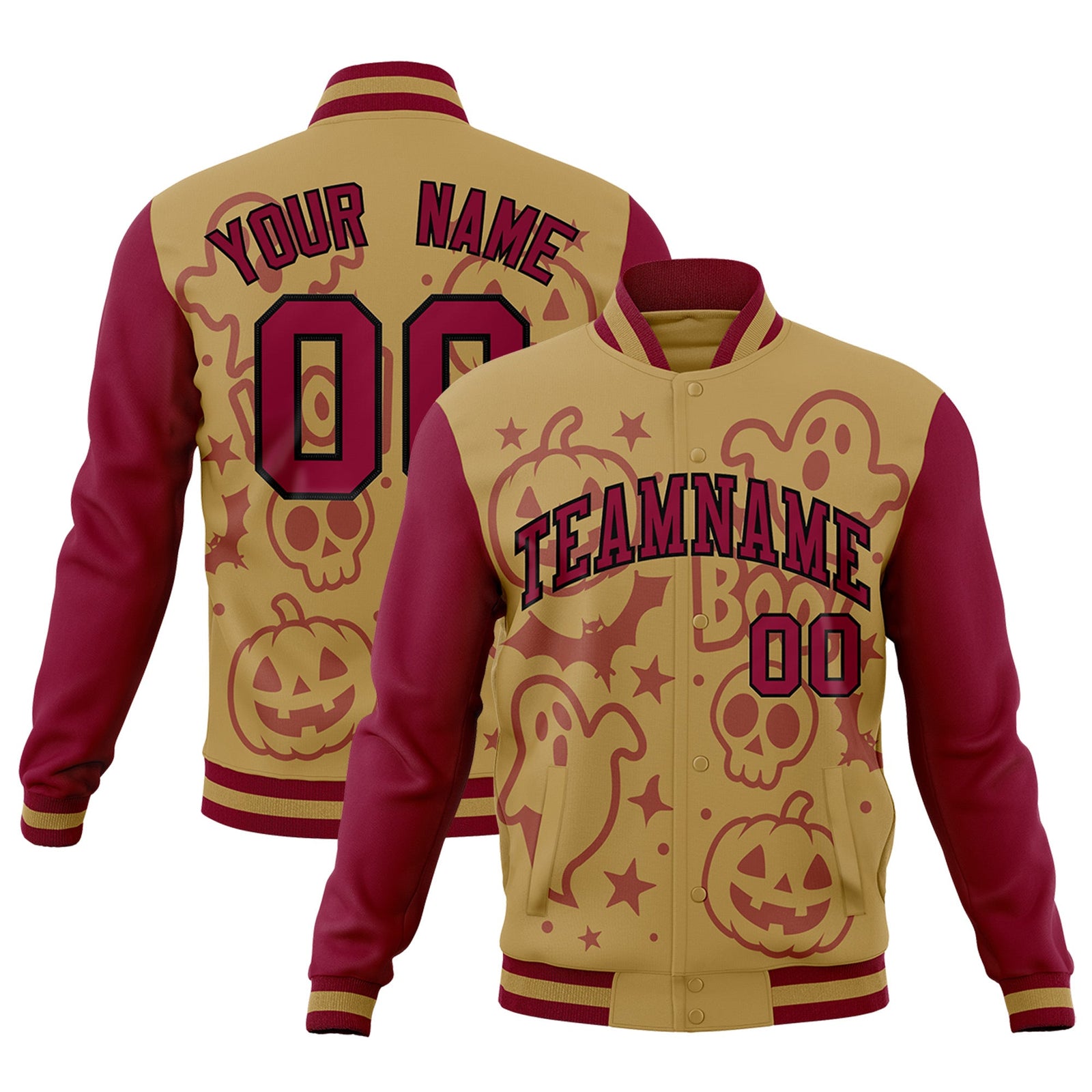 Custom Khaki Crimson Black Bats Pumpkins Ghost Patterns Halloween Letterman Jacket | Custom Letterman Jacket,Add Name and Numbern,Sublimation Printed & Stitched,Perfect for Parties | KXKSHOP