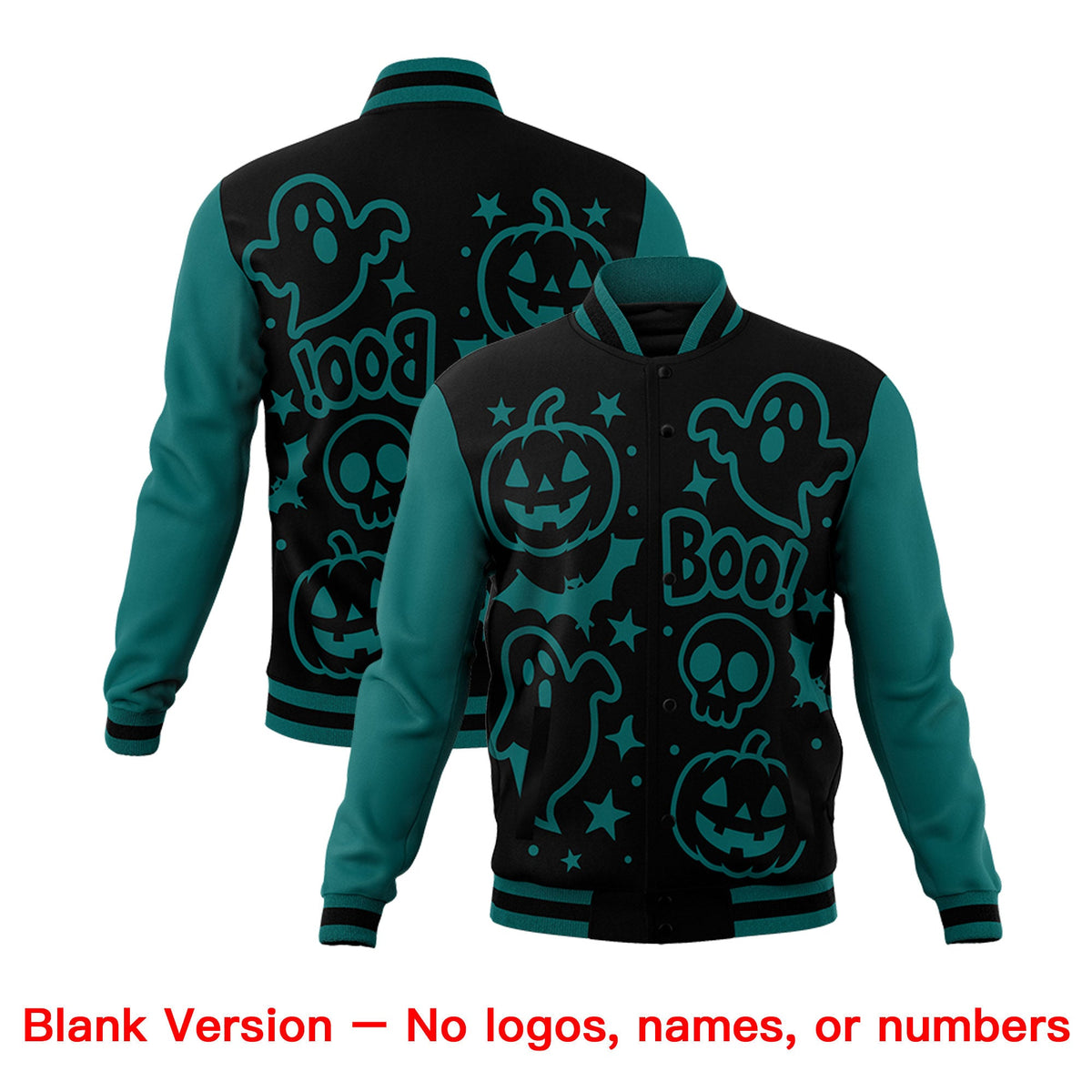Custom Teal Black Neon Green Bats Pumpkins Ghost Patterns Halloween Letterman Jacket | Custom Letterman Jacket,Add Name and Numbern,Sublimation Printed &amp; Stitched,Perfect for Parties | KXKSHOP