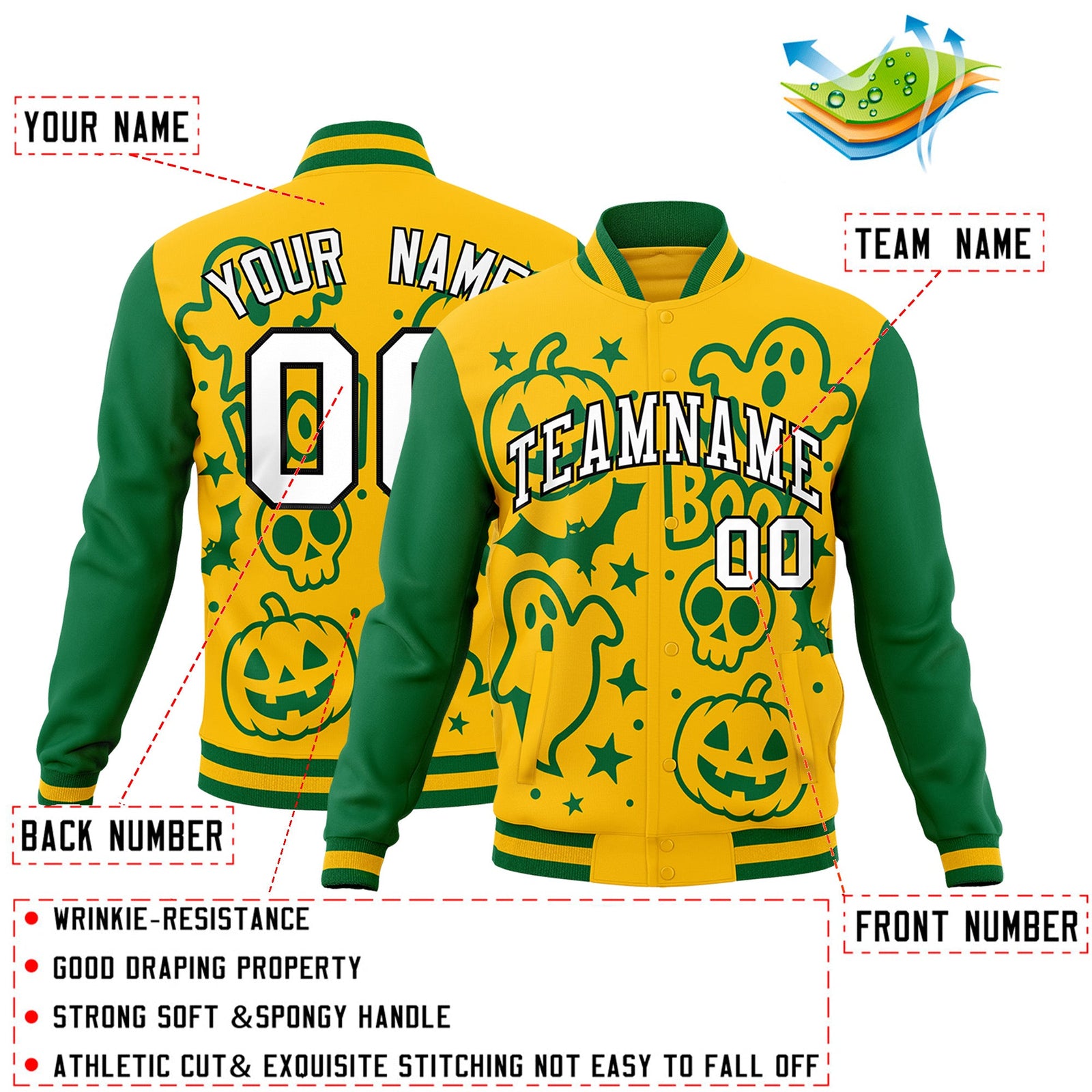 Custom Gold Kelly Green White Bats Pumpkins Ghost Patterns Halloween Letterman Jacket | Custom Letterman Jacket,Add Name and Numbern,Sublimation Printed & Stitched,Perfect for Parties | KXKSHOP