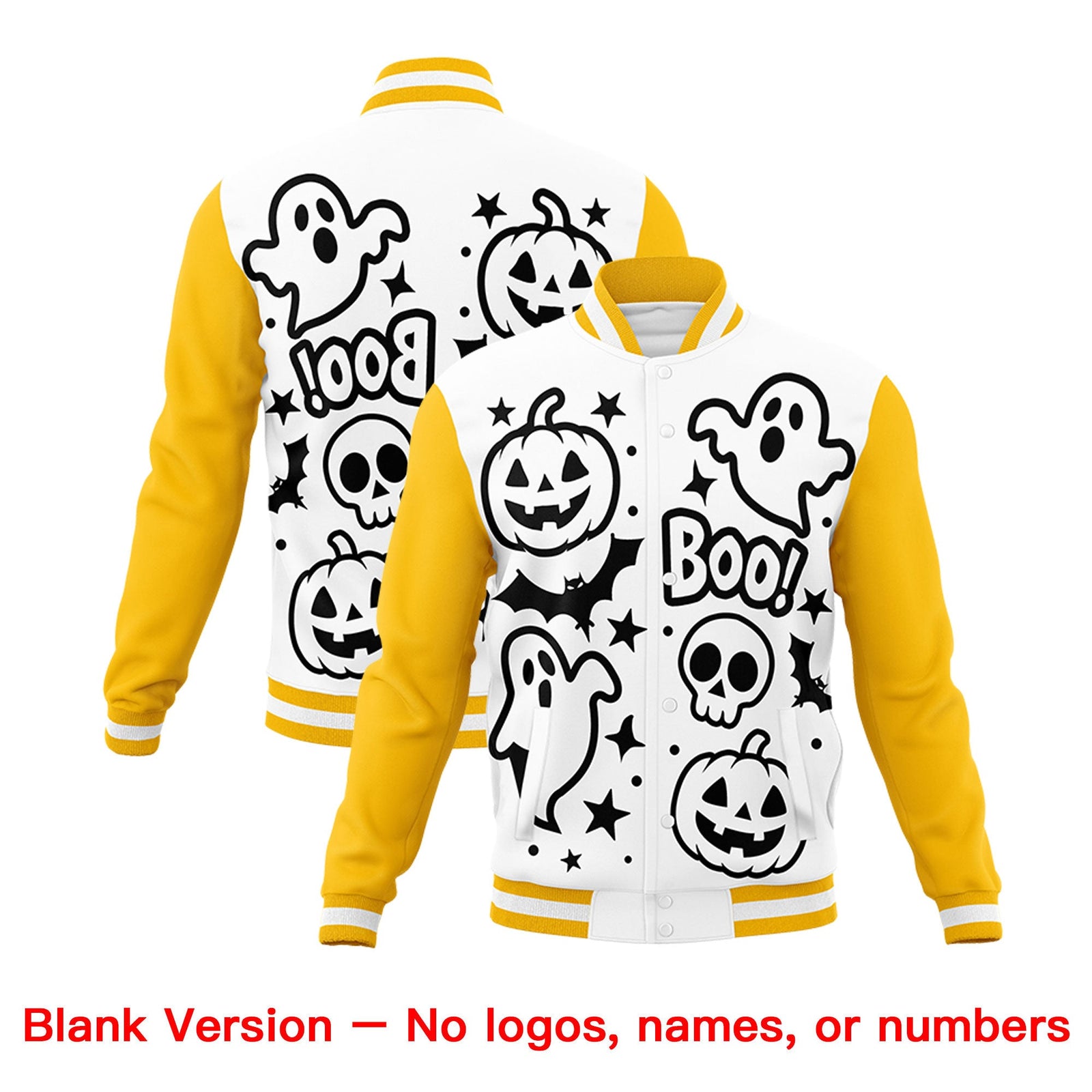 Custom White Black Gold Bats Pumpkins Ghost Patterns Halloween Letterman Jacket | Custom Letterman Jacket,Add Name and Numbern,Sublimation Printed & Stitched,Perfect for Parties | KXKSHOP