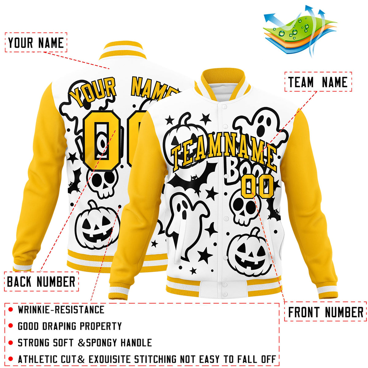 Custom White Black Gold Bats Pumpkins Ghost Patterns Halloween Letterman Jacket | Custom Letterman Jacket,Add Name and Numbern,Sublimation Printed &amp; Stitched,Perfect for Parties | KXKSHOP
