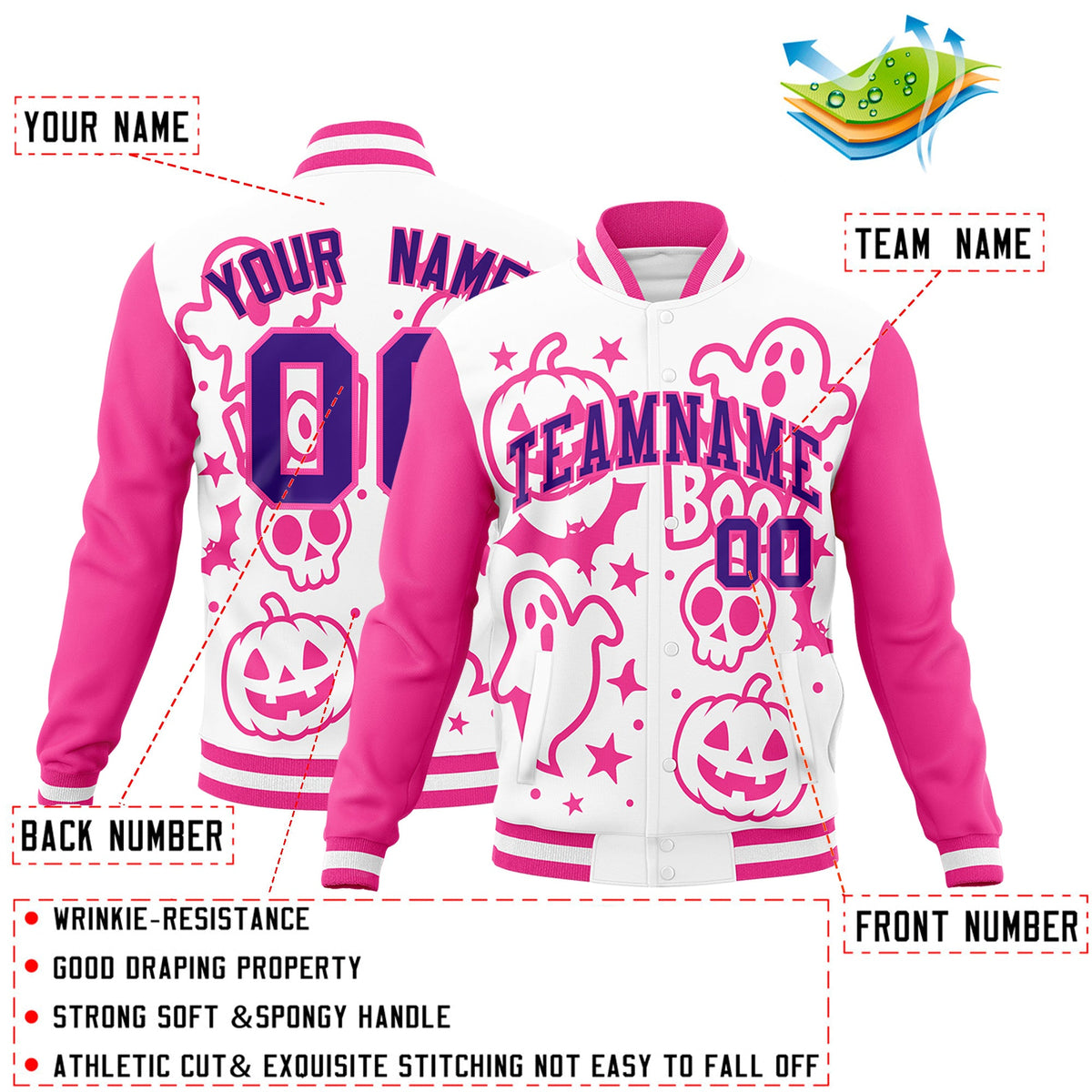 Custom White Pink Purple Bats Pumpkins Ghost Patterns Halloween Letterman Jacket | Custom Letterman Jacket,Add Name and Numbern,Sublimation Printed &amp; Stitched,Perfect for Parties | KXKSHOP