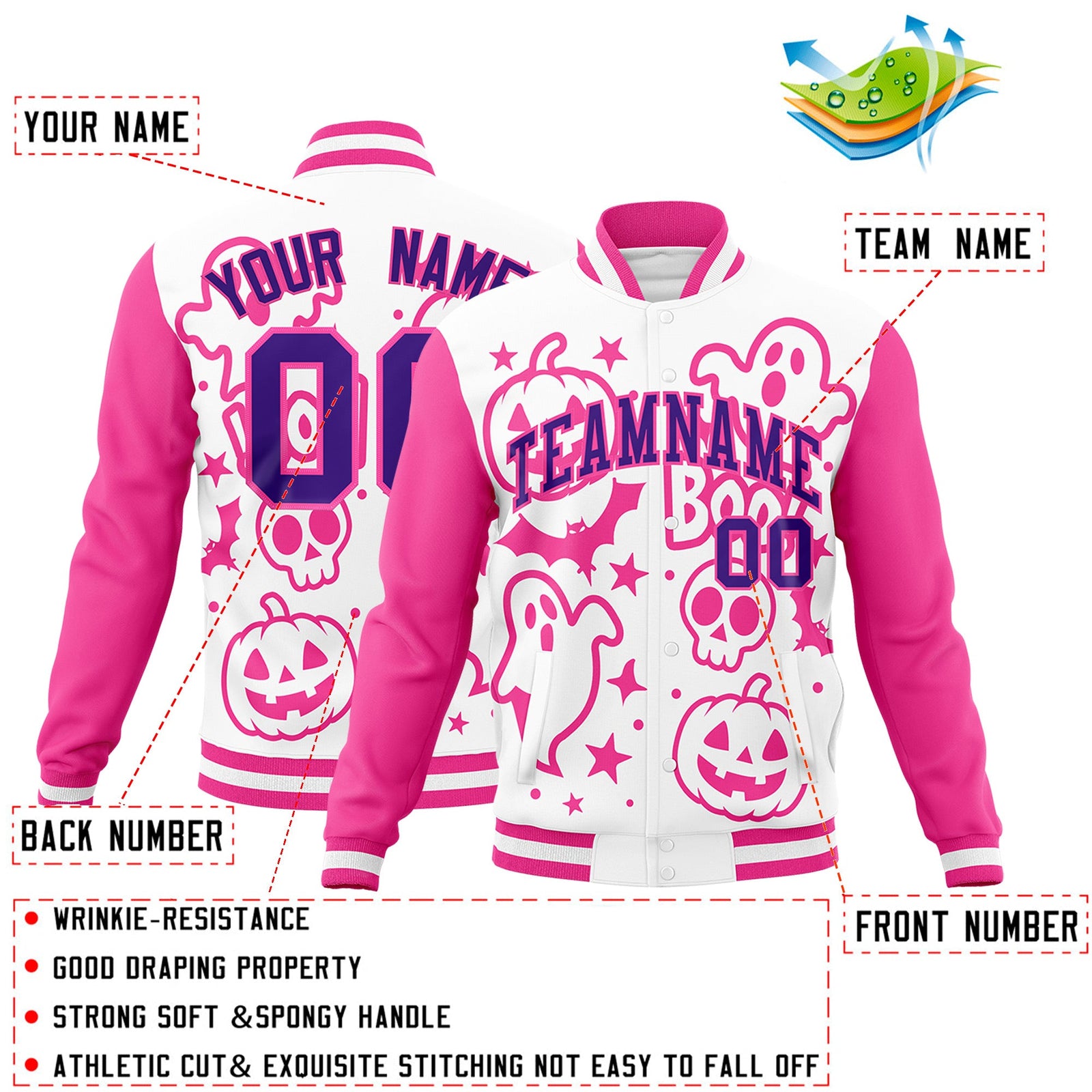 Custom White Pink Purple Bats Pumpkins Ghost Patterns Halloween Letterman Jacket | Custom Letterman Jacket,Add Name and Numbern,Sublimation Printed & Stitched,Perfect for Parties | KXKSHOP