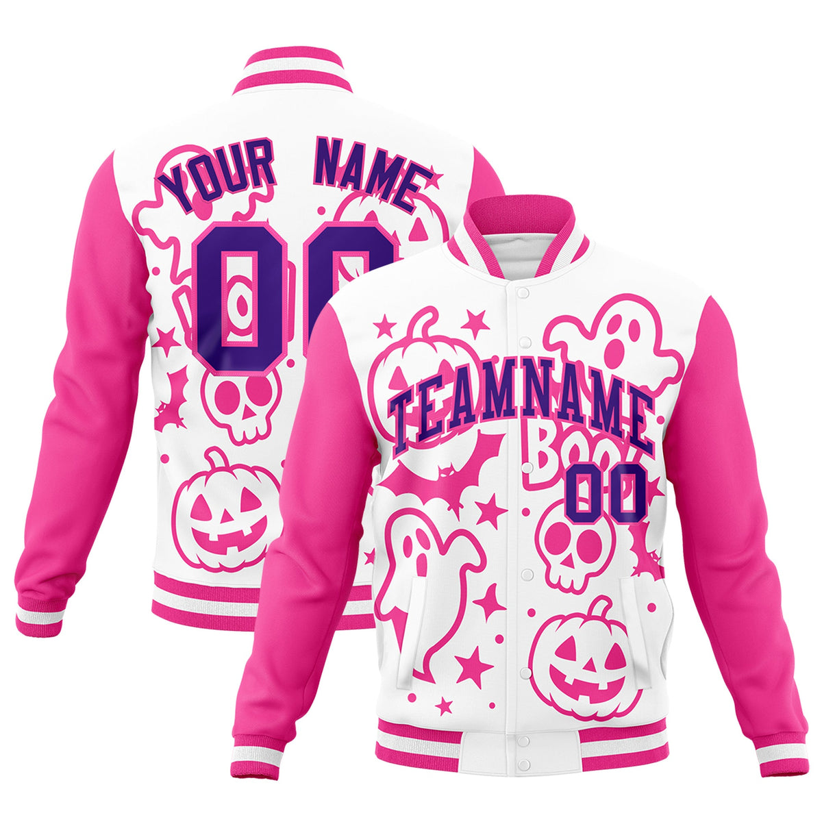 Custom White Pink Purple Bats Pumpkins Ghost Patterns Halloween Letterman Jacket | Custom Letterman Jacket,Add Name and Numbern,Sublimation Printed &amp; Stitched,Perfect for Parties | KXKSHOP