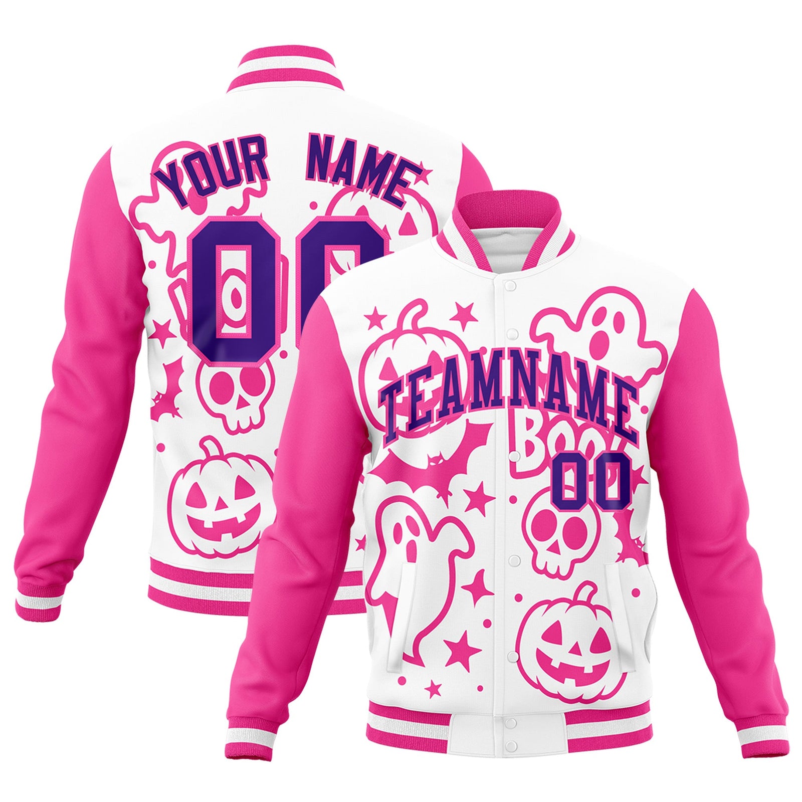 Custom White Pink Purple Bats Pumpkins Ghost Patterns Halloween Letterman Jacket | Custom Letterman Jacket,Add Name and Numbern,Sublimation Printed & Stitched,Perfect for Parties | KXKSHOP