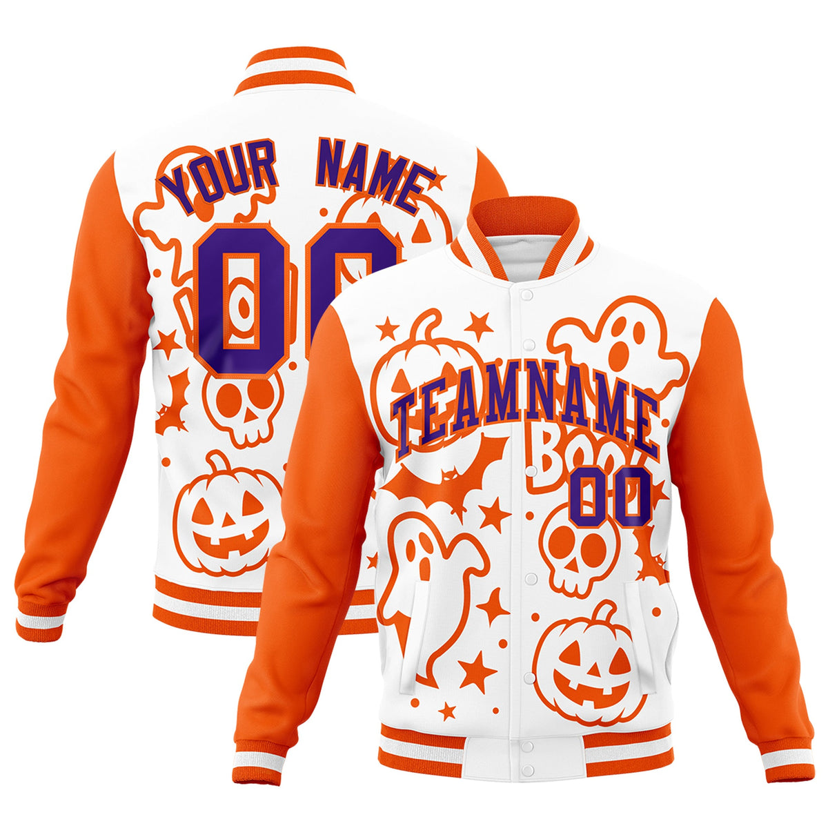 Custom White Orange Purple Bats Pumpkins Ghost Patterns Halloween Letterman Jacket | Custom Letterman Jacket,Add Name and Numbern,Sublimation Printed &amp; Stitched,Perfect for Parties | KXKSHOP