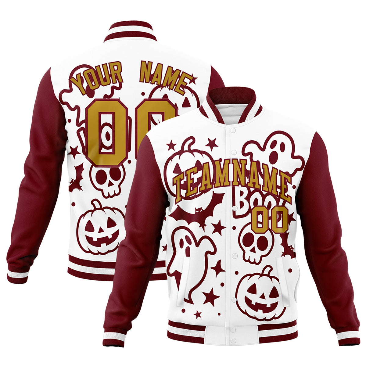 Custom White Crimson Old Gold Bats Pumpkins Ghost Patterns Halloween Letterman Jacket | Custom Letterman Jacket,Add Name and Numbern,Sublimation Printed &amp; Stitched,Perfect for Parties | KXKSHOP