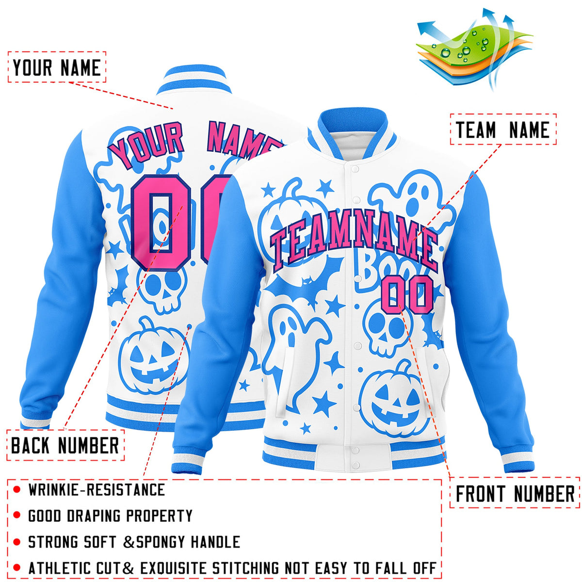 Custom White Powder Blue Pink Bats Pumpkins Ghost Patterns Halloween Letterman Jacket | Custom Letterman Jacket,Add Name and Numbern,Sublimation Printed &amp; Stitched,Perfect for Parties | KXKSHOP