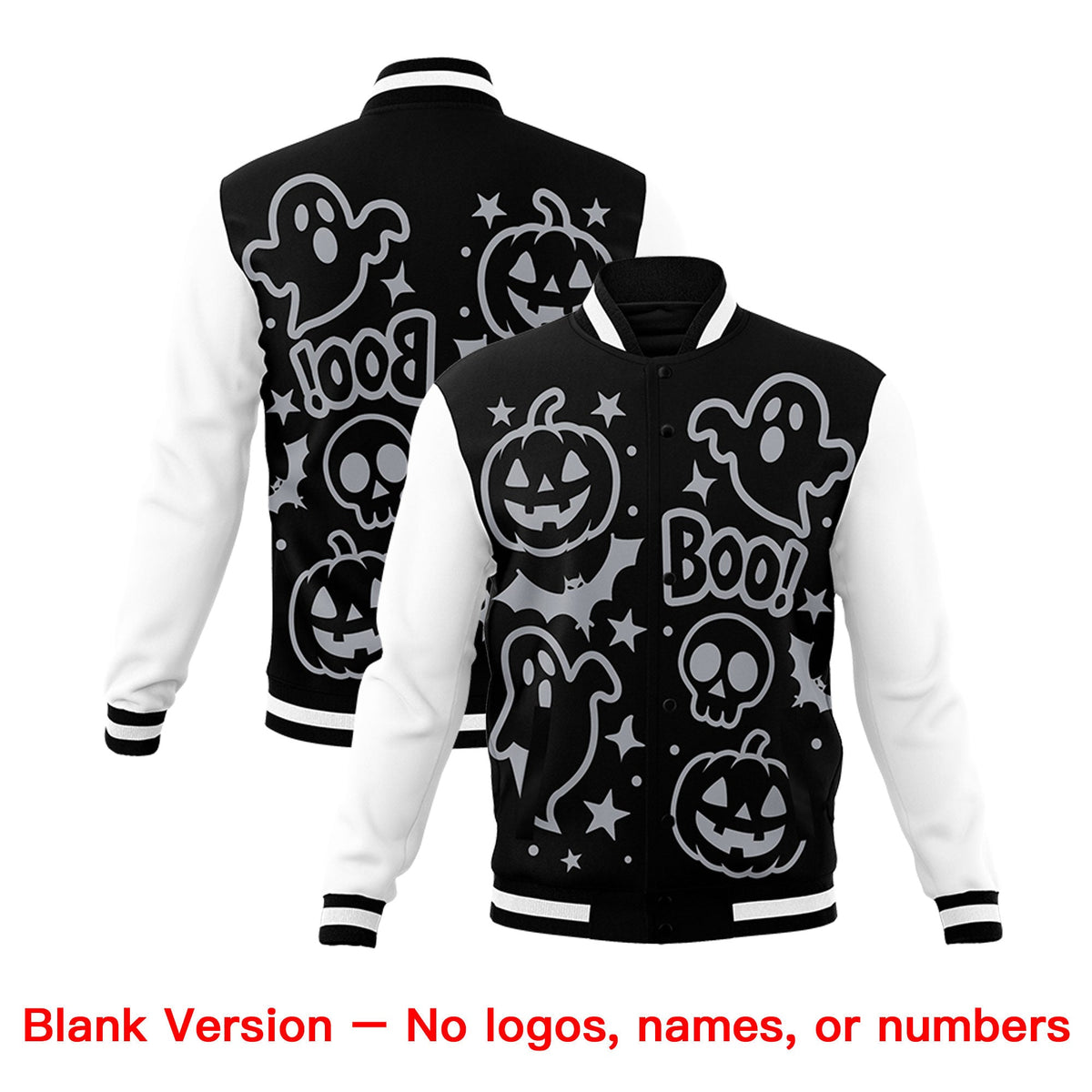Custom Navy White Orange Bats Pumpkins Ghost Patterns Halloween Letterman Jacket | Custom Letterman Jacket,Add Name and Numbern,Sublimation Printed &amp; Stitched,Perfect for Parties | KXKSHOP