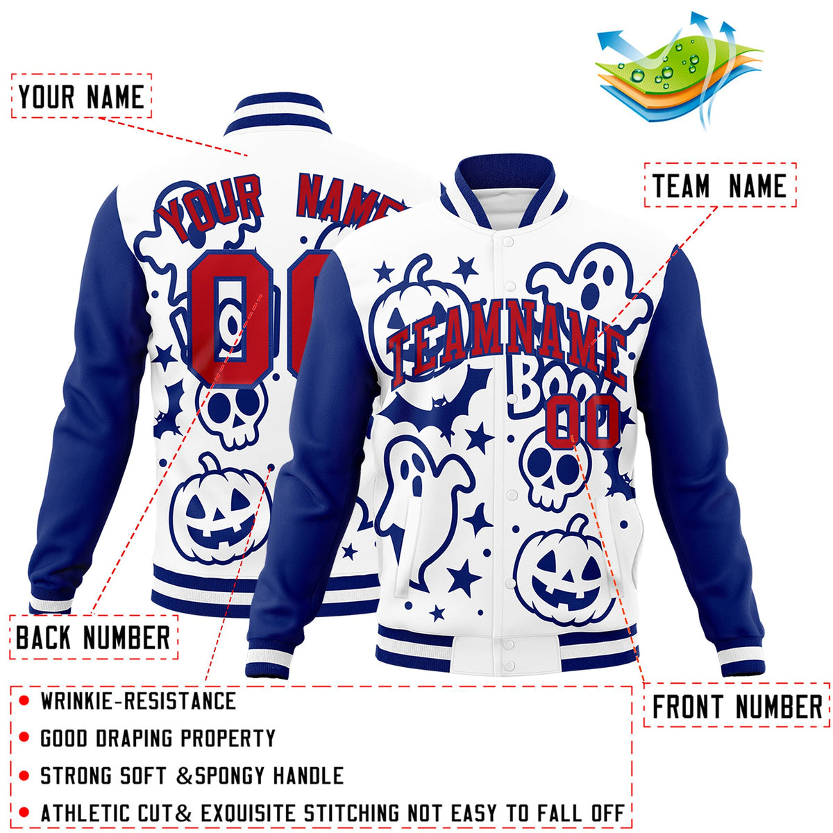 Custom Royal Blue White Red Bats Pumpkins Ghost Patterns Halloween Letterman Jacket | Custom Letterman Jacket,Add Name and Numbern,Sublimation Printed &amp; Stitched,Perfect for Parties | KXKSHOP