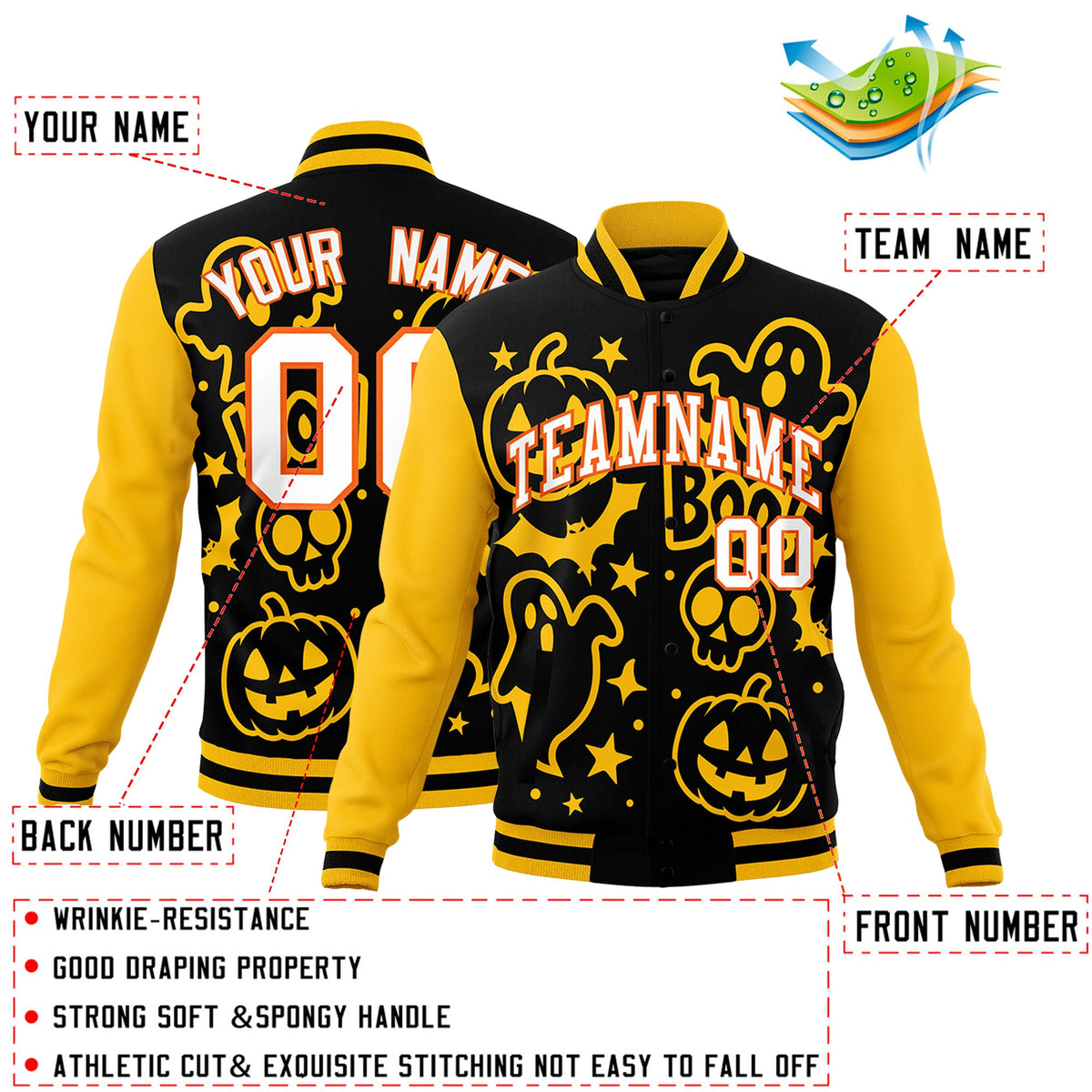 Custom Gold Black White Bats Pumpkins Ghost Patterns Halloween Letterman Jacket | Custom Letterman Jacket,Add Name and Numbern,Sublimation Printed &amp; Stitched,Perfect for Parties | KXKSHOP