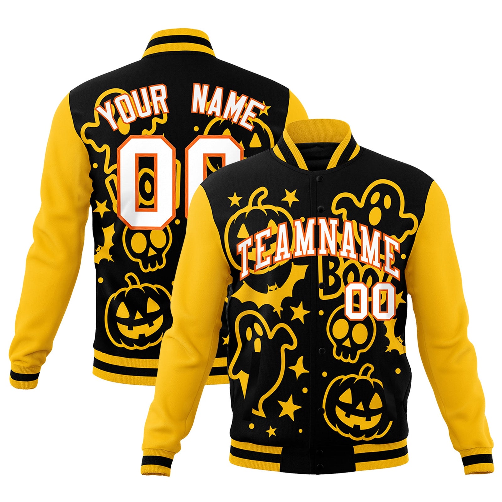 Custom Gold Black White Bats Pumpkins Ghost Patterns Halloween Letterman Jacket | Custom Letterman Jacket,Add Name and Numbern,Sublimation Printed & Stitched,Perfect for Parties | KXKSHOP