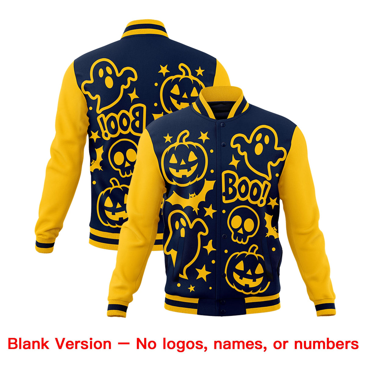 Custom Gold Navy White Bats Pumpkins Ghost Patterns Halloween Letterman Jacket | Custom Letterman Jacket,Add Name and Numbern,Sublimation Printed &amp; Stitched,Perfect for Parties | KXKSHOP
