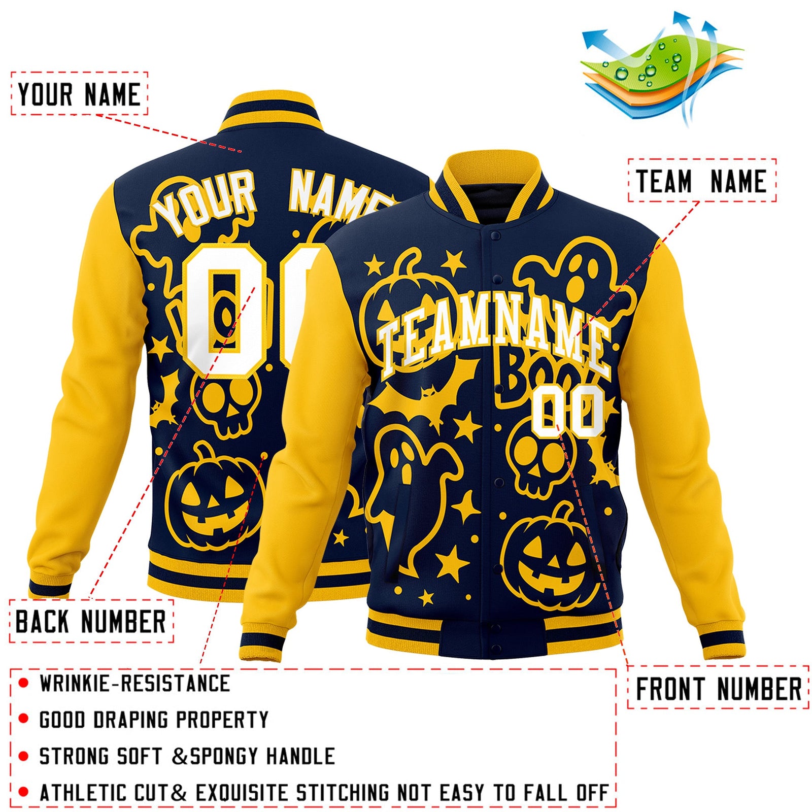 Custom Gold Navy White Bats Pumpkins Ghost Patterns Halloween Letterman Jacket | Custom Letterman Jacket,Add Name and Numbern,Sublimation Printed & Stitched,Perfect for Parties | KXKSHOP