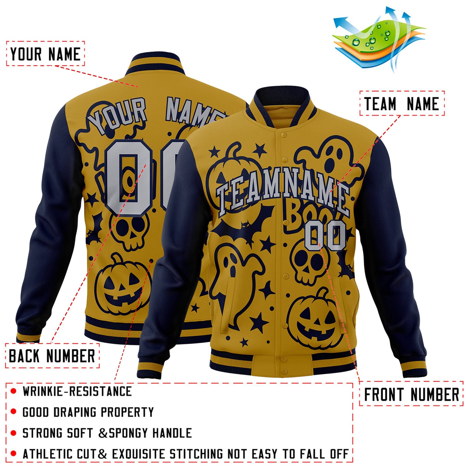 Custom Navy Old Gold Gray Bats Pumpkins Ghost Patterns Halloween Letterman Jacket | Custom Letterman Jacket,Add Name and Numbern,Sublimation Printed & Stitched,Perfect for Parties | KXKSHOP