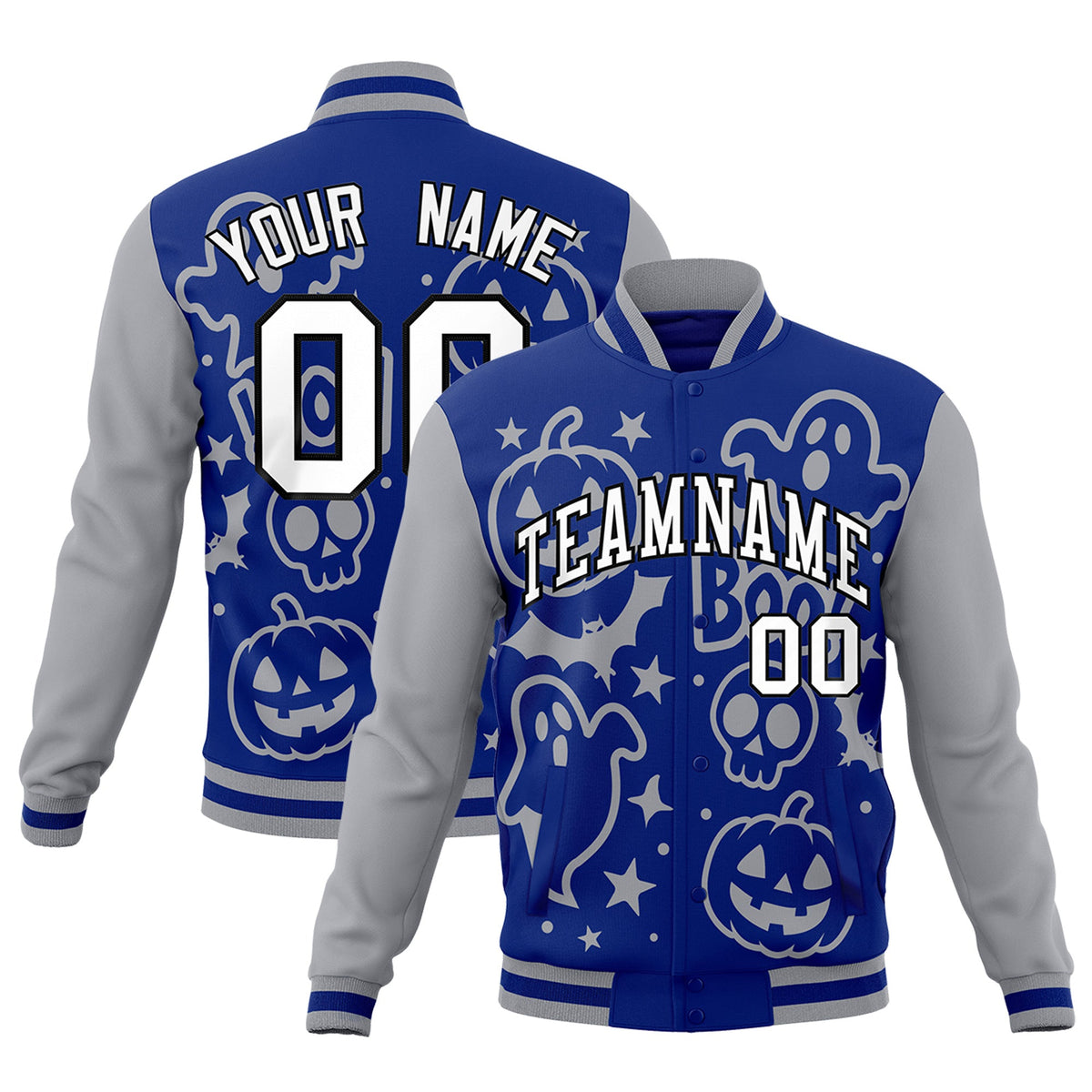Custom Gray Royal Blue White Bats Pumpkins Ghost Patterns Halloween Letterman Jacket | Custom Letterman Jacket,Add Name and Numbern,Sublimation Printed &amp; Stitched,Perfect for Parties | KXKSHOP