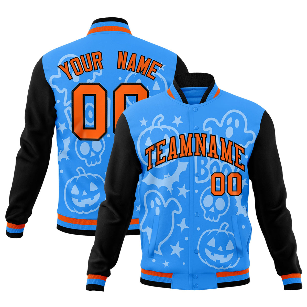Custom Orange Powder Blue Black Bats Pumpkins Ghost Patterns Halloween Letterman Jacket | Custom Letterman Jacket,Add Name and Numbern,Sublimation Printed &amp; Stitched,Perfect for Parties | KXKSHOP