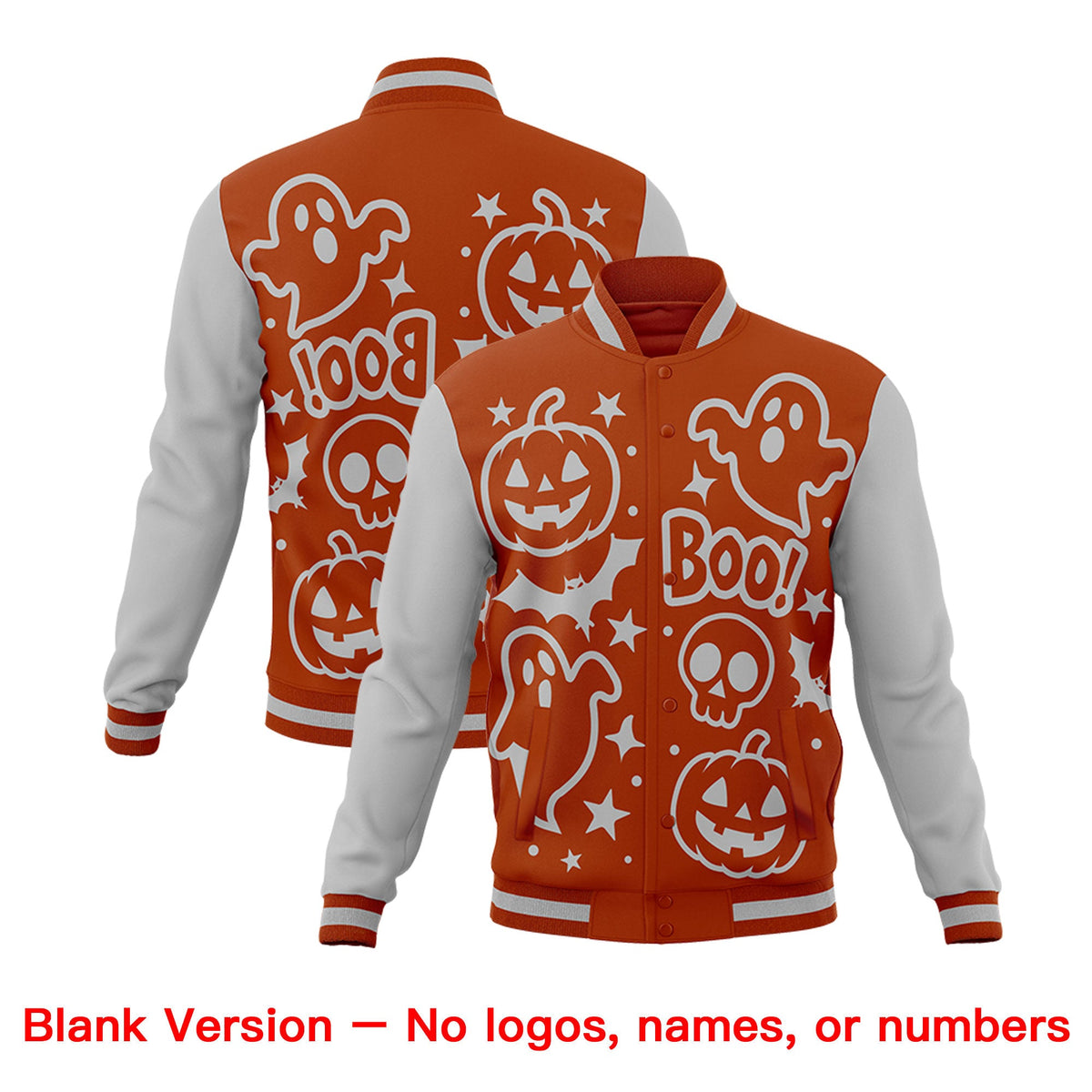Custom Dark Orange Gray White Bats Pumpkins Ghost Patterns Halloween Letterman Jacket | Custom Letterman Jacket,Add Name and Numbern,Sublimation Printed &amp; Stitched,Perfect for Parties | KXKSHOP