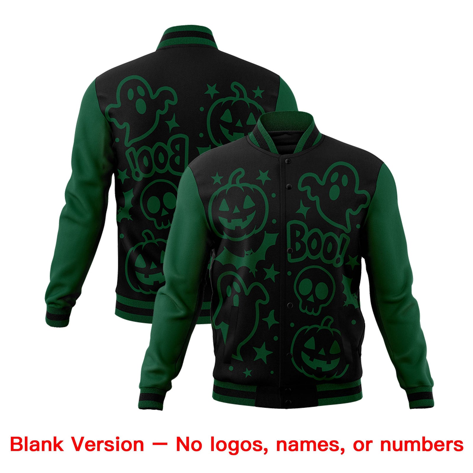Custom Green Black Gold Bats Pumpkins Ghost Patterns Halloween Letterman Jacket | Custom Letterman Jacket,Add Name and Numbern,Sublimation Printed & Stitched,Perfect for Parties | KXKSHOP