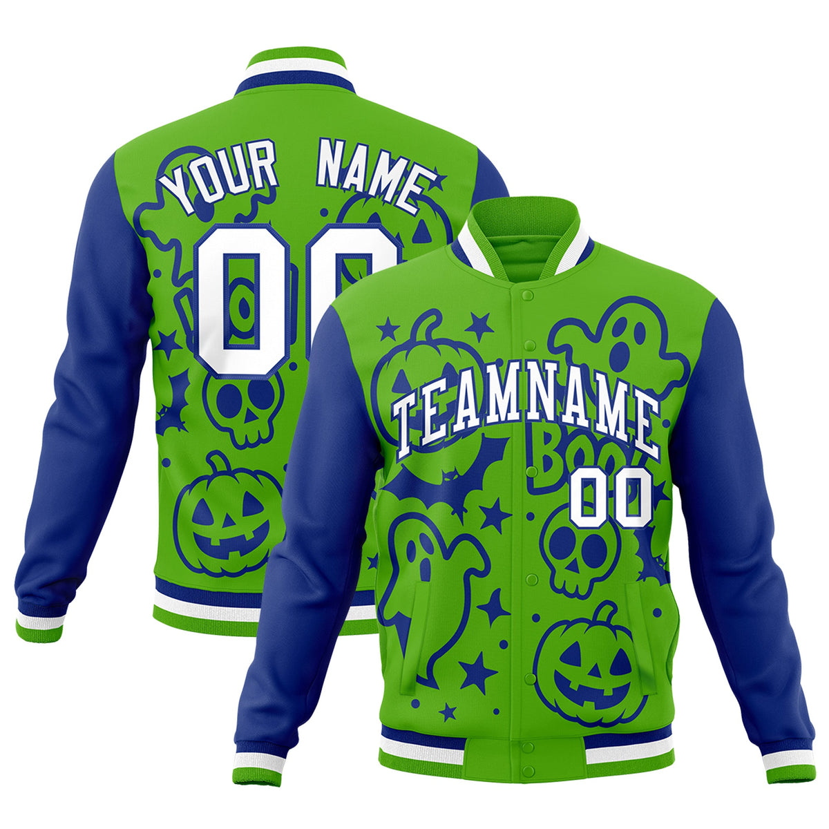 Custom Green Royal Blue White Bats Pumpkins Ghost Patterns Halloween Letterman Jacket | Custom Letterman Jacket,Add Name and Numbern,Sublimation Printed &amp; Stitched,Perfect for Parties | KXKSHOP