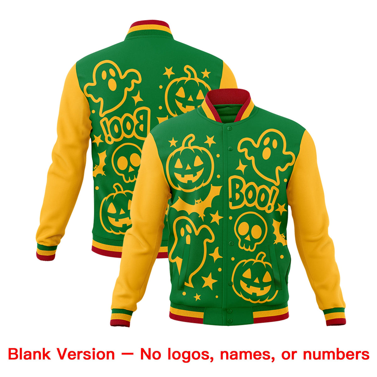 Custom Kelly Green Gold Red Bats Pumpkins Ghost Patterns Halloween Letterman Jacket | Custom Letterman Jacket,Add Name and Numbern,Sublimation Printed & Stitched,Perfect for Parties | KXKSHOP