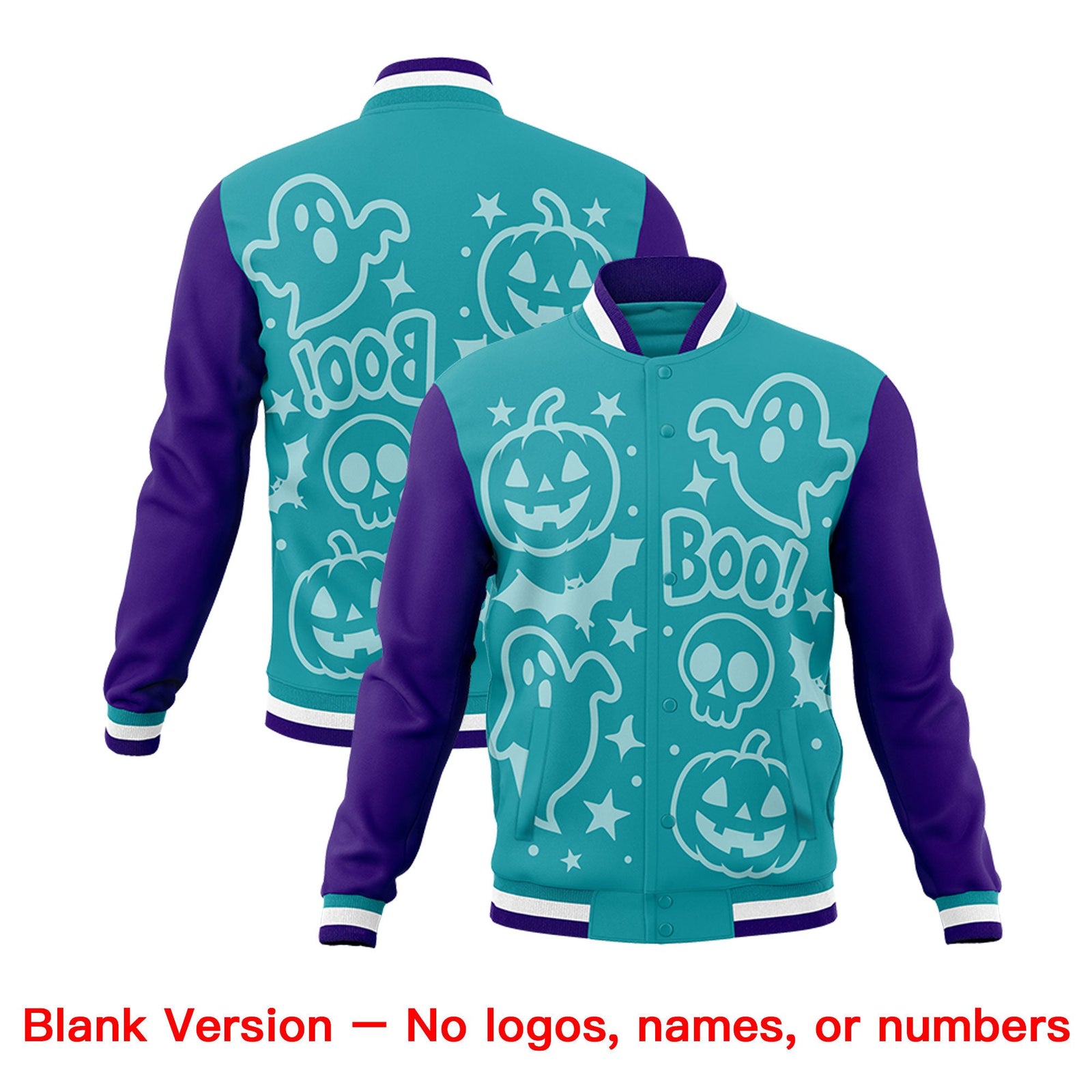 Custom Aqua Purple White Bats Pumpkins Ghost Patterns Halloween Letterman Jacket | Custom Letterman Jacket,Add Name and Numbern,Sublimation Printed & Stitched,Perfect for Parties | KXKSHOP