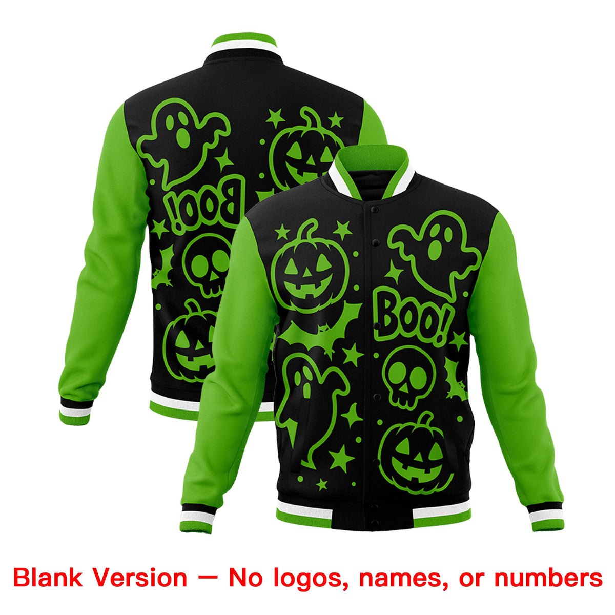 Custom Black Green White Bats Pumpkins Ghost Patterns Halloween Letterman Jacket | Custom Letterman Jacket,Add Name and Numbern,Sublimation Printed &amp; Stitched,Perfect for Parties | KXKSHOP