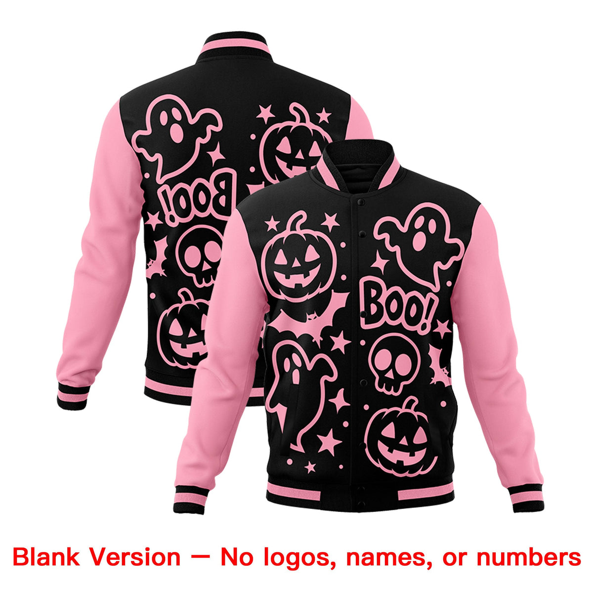 Custom Light Pink Black White Bats Pumpkins Ghost Patterns Halloween Letterman Jacket | Custom Letterman Jacket,Add Name and Numbern,Sublimation Printed &amp; Stitched,Perfect for Parties | KXKSHOP