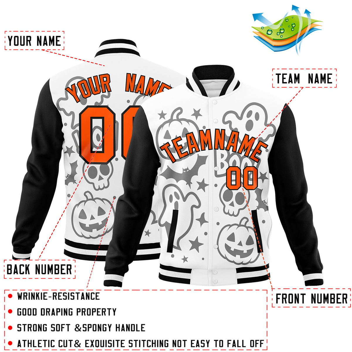 Custom White Black Orange Bats Pumpkins Ghost Patterns Halloween Letterman Jacket | Custom Letterman Jacket,Add Name and Numbern,Sublimation Printed &amp; Stitched,Perfect for Parties | KXKSHOP