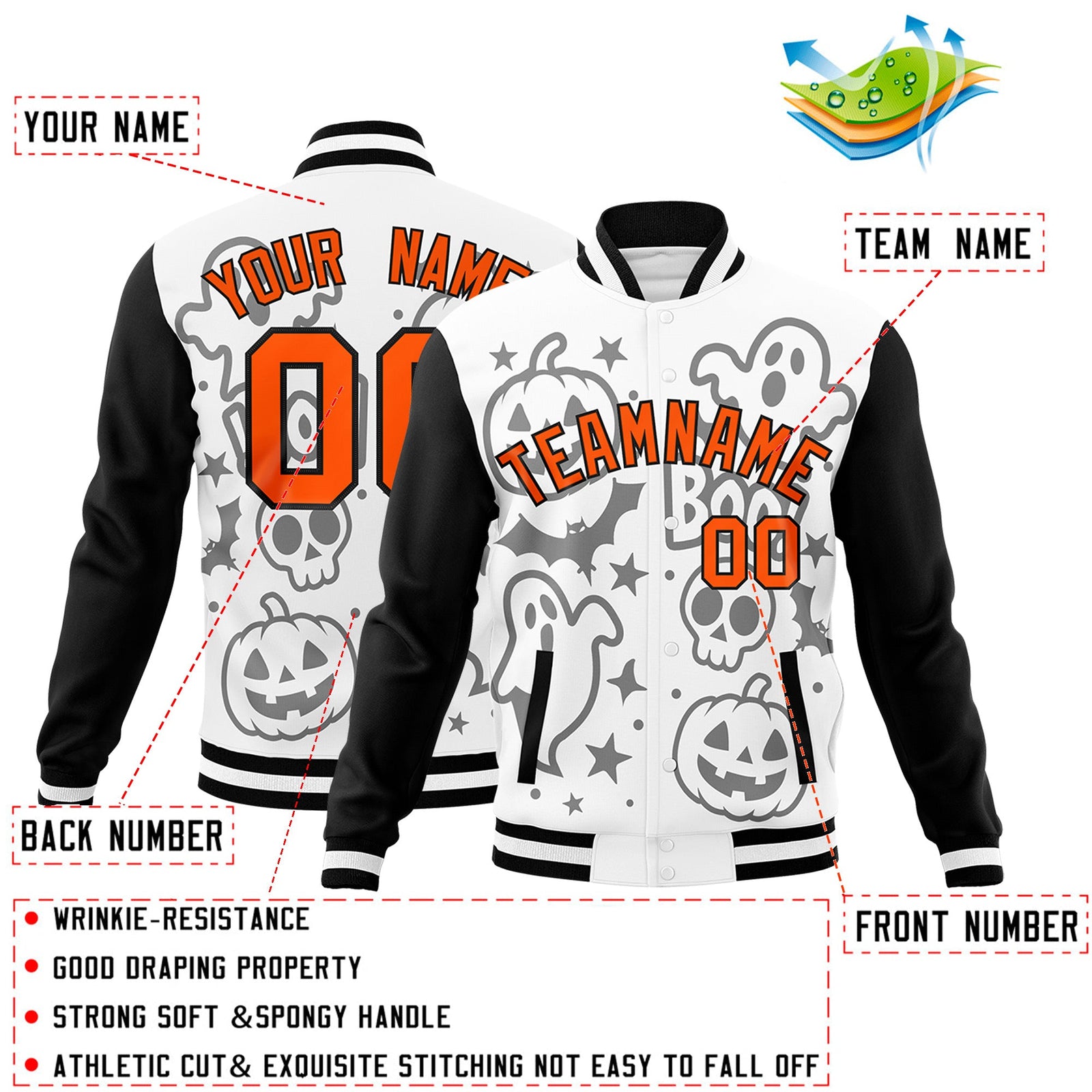 Custom White Black Orange Bats Pumpkins Ghost Patterns Halloween Letterman Jacket | Custom Letterman Jacket,Add Name and Numbern,Sublimation Printed & Stitched,Perfect for Parties | KXKSHOP