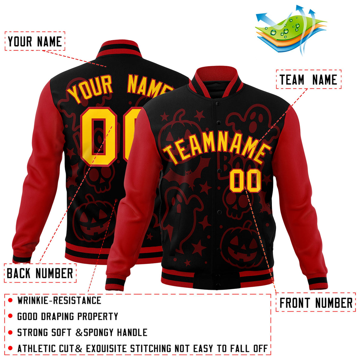 Custom Red Black Gold Bats Pumpkins Ghost Patterns Halloween Letterman Jacket | Custom Letterman Jacket,Add Name and Numbern,Sublimation Printed &amp; Stitched,Perfect for Parties | KXKSHOP