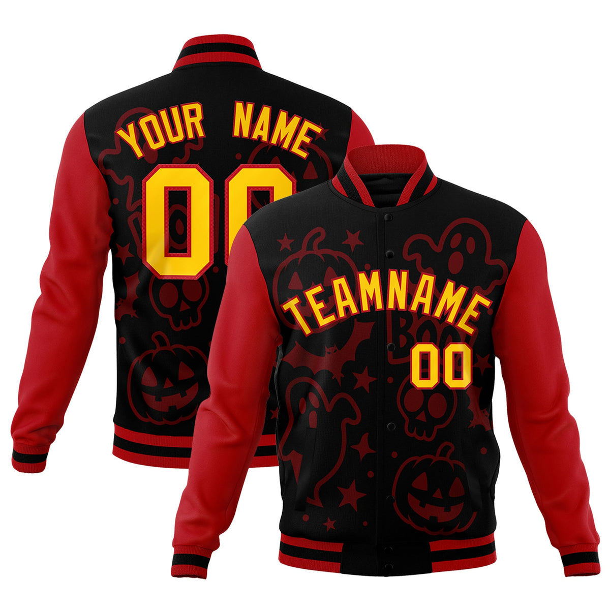 Custom Red Black Gold Bats Pumpkins Ghost Patterns Halloween Letterman Jacket | Custom Letterman Jacket,Add Name and Numbern,Sublimation Printed &amp; Stitched,Perfect for Parties | KXKSHOP
