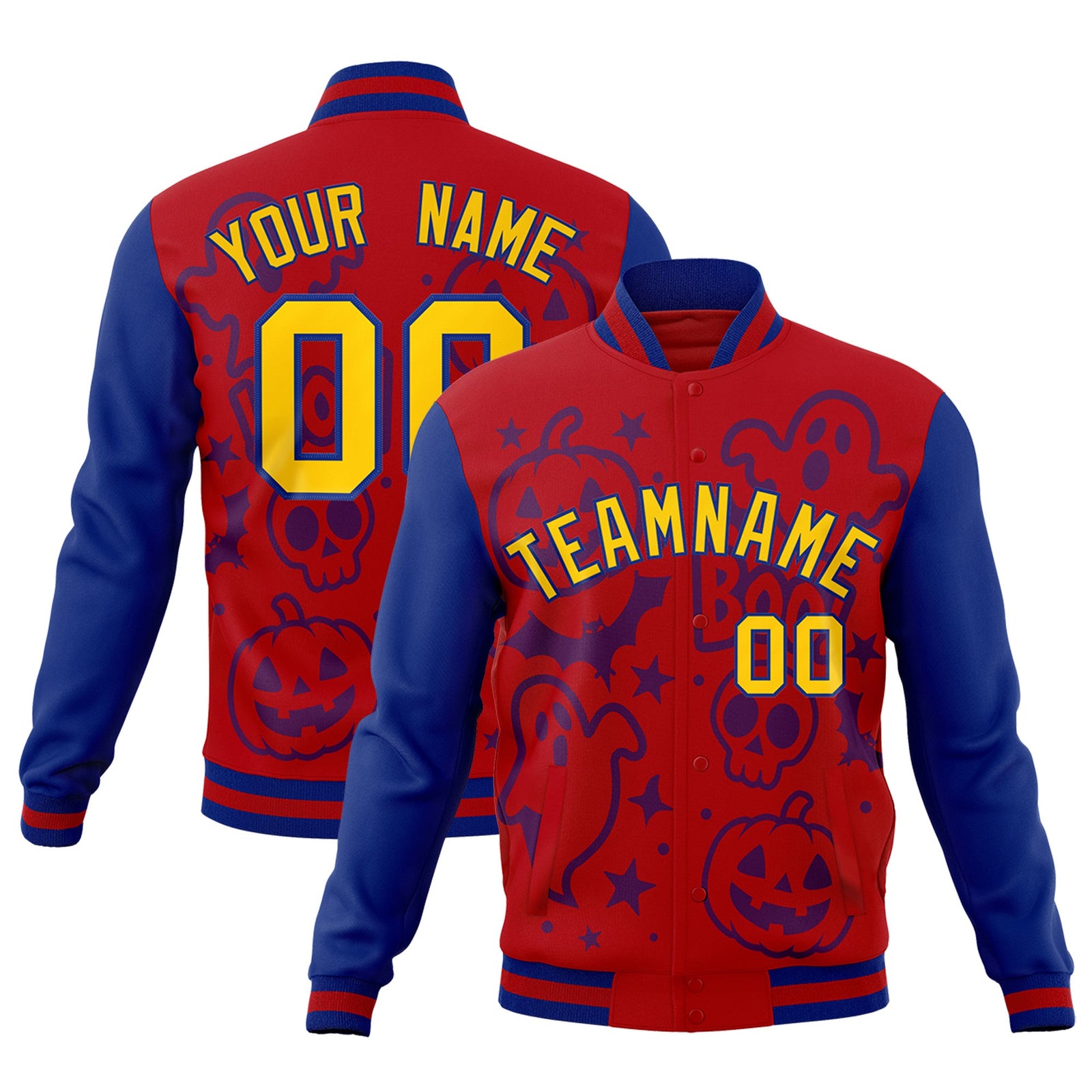 Custom Royal Red Royal Blue Bats Pumpkins Ghost Patterns Halloween Letterman Jacket | Custom Letterman Jacket,Add Name and Numbern,Sublimation Printed & Stitched,Perfect for Parties | KXKSHOP