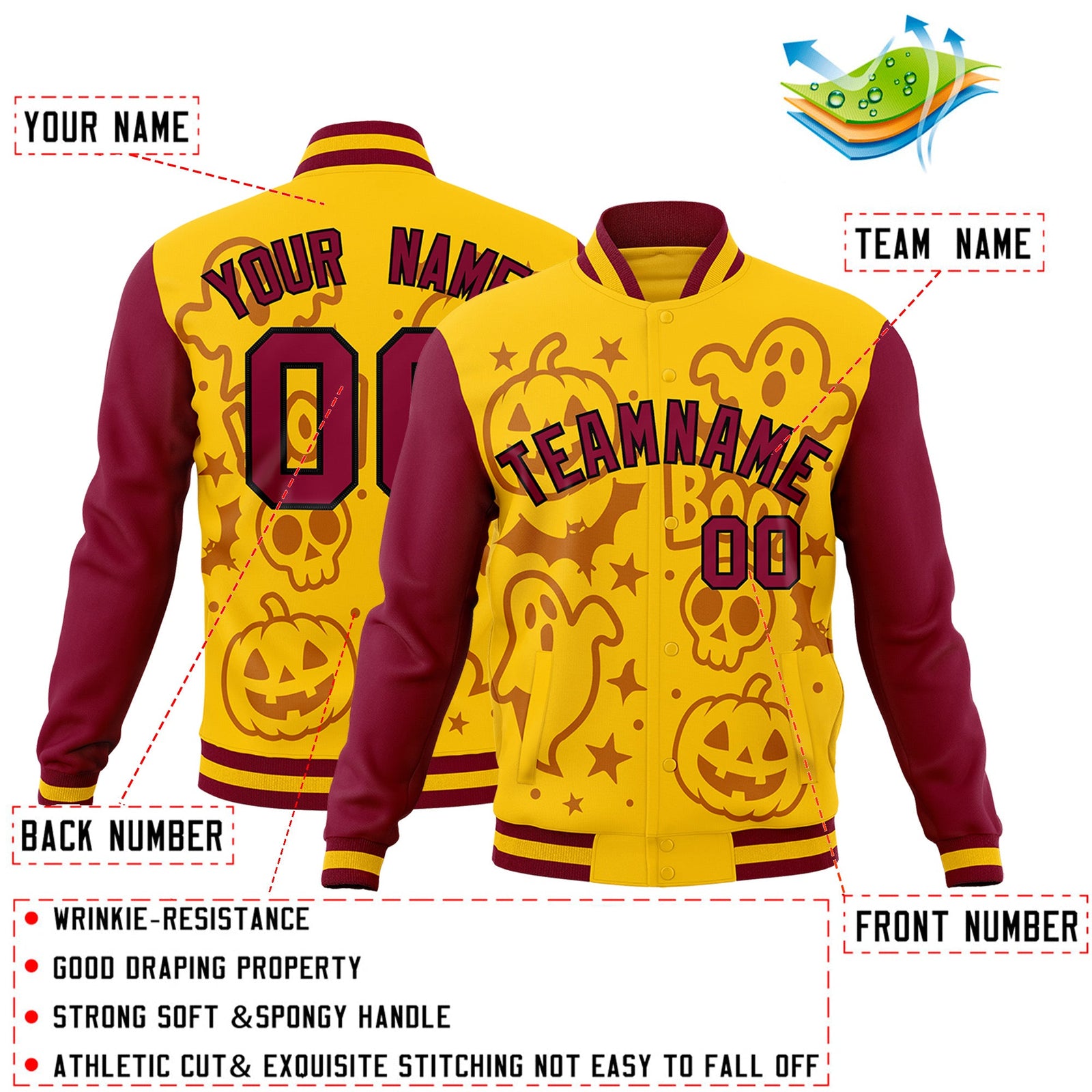 Custom Crimson Gold Yellow Bats Pumpkins Ghost Patterns Halloween Letterman Jacket | Custom Letterman Jacket,Add Name and Numbern,Sublimation Printed & Stitched,Perfect for Parties | KXKSHOP