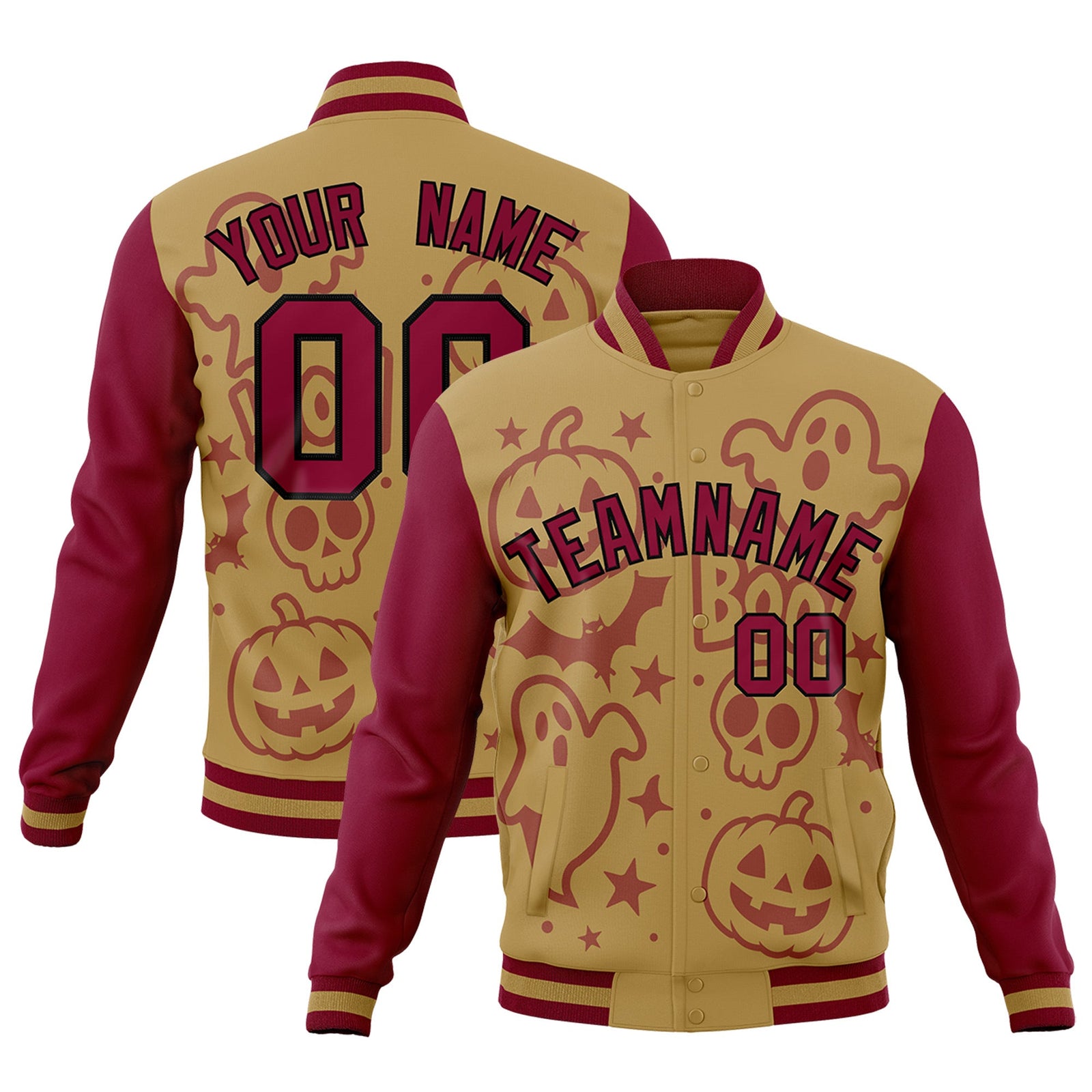 Custom Khaki Crimson Black Bats Pumpkins Ghost Patterns Halloween Letterman Jacket | Custom Letterman Jacket,Add Name and Numbern,Sublimation Printed & Stitched,Perfect for Parties | KXKSHOP