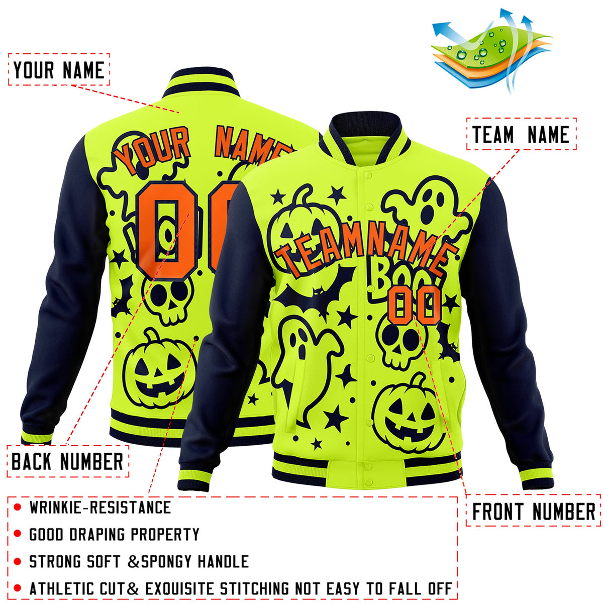 Custom Neon Green Navy Orange Bats Pumpkins Ghost Patterns Halloween Letterman Jacket | Custom Letterman Jacket,Add Name and Numbern,Sublimation Printed &amp; Stitched,Perfect for Parties | KXKSHOP