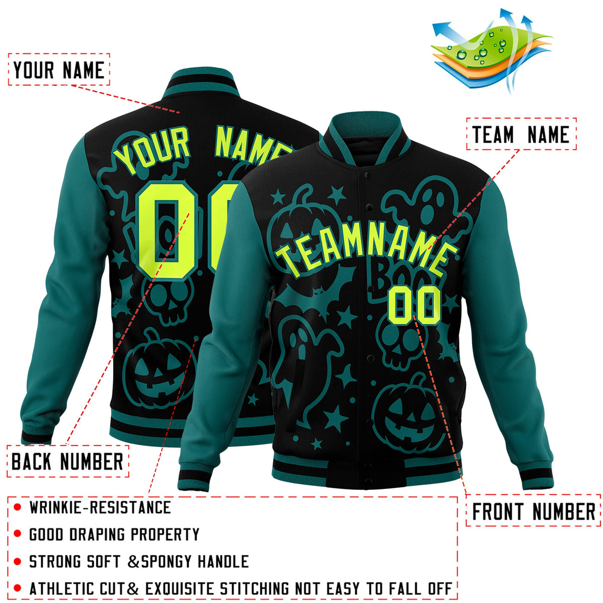 Custom Teal Black Neon Green Bats Pumpkins Ghost Patterns Halloween Letterman Jacket | Custom Letterman Jacket,Add Name and Numbern,Sublimation Printed &amp; Stitched,Perfect for Parties | KXKSHOP