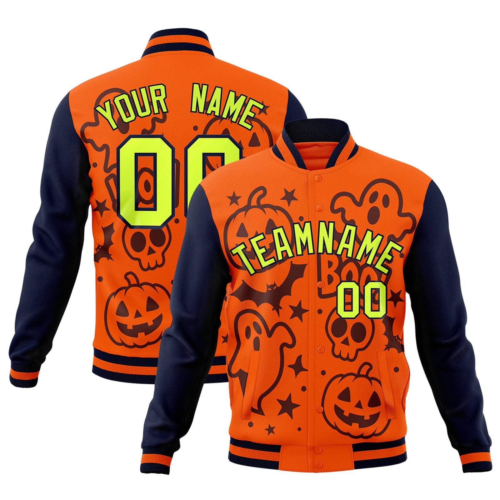 Custom Navy Orange Teal Bats Pumpkins Ghost Patterns Halloween Letterman Jacket | Custom Letterman Jacket,Add Name and Numbern,Sublimation Printed & Stitched,Perfect for Parties | KXKSHOP