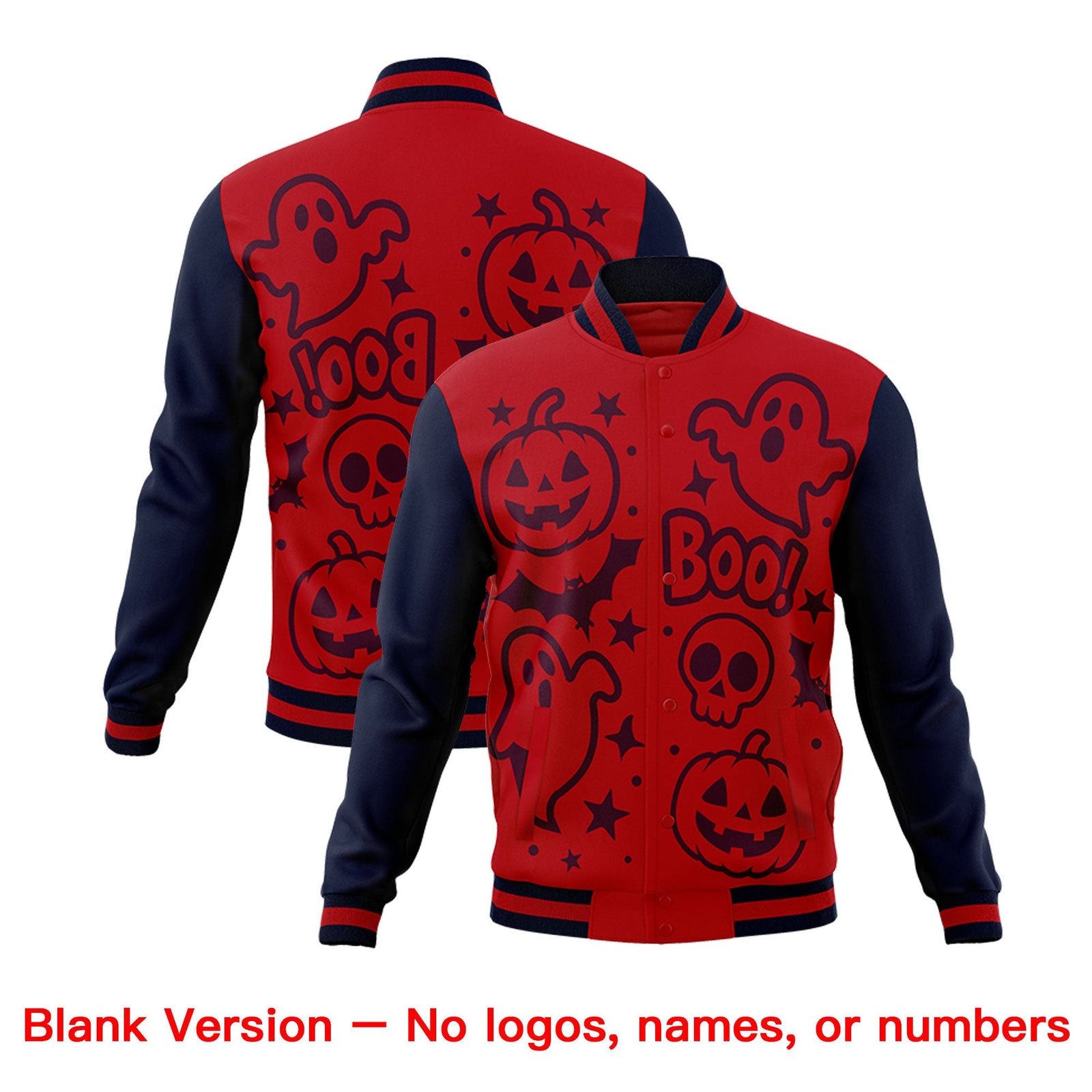 Custom Navy Red Gold Bats Pumpkins Ghost Patterns Halloween Letterman Jacket | Custom Letterman Jacket,Add Name and Numbern,Sublimation Printed & Stitched,Perfect for Parties | KXKSHOP