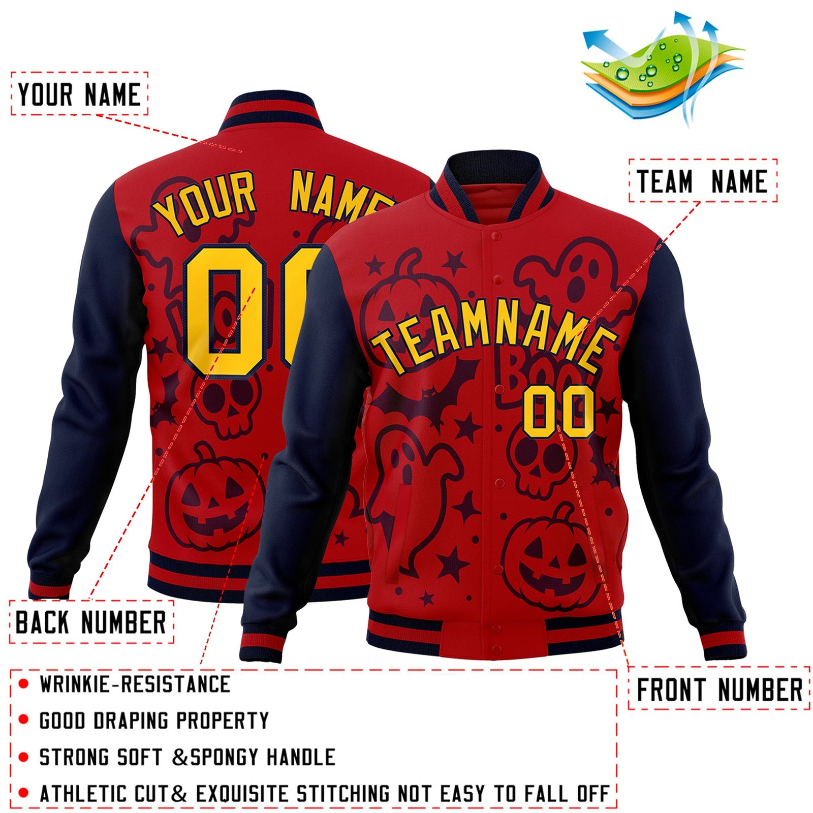 Custom Navy Red Gold Bats Pumpkins Ghost Patterns Halloween Letterman Jacket | Custom Letterman Jacket,Add Name and Numbern,Sublimation Printed & Stitched,Perfect for Parties | KXKSHOP