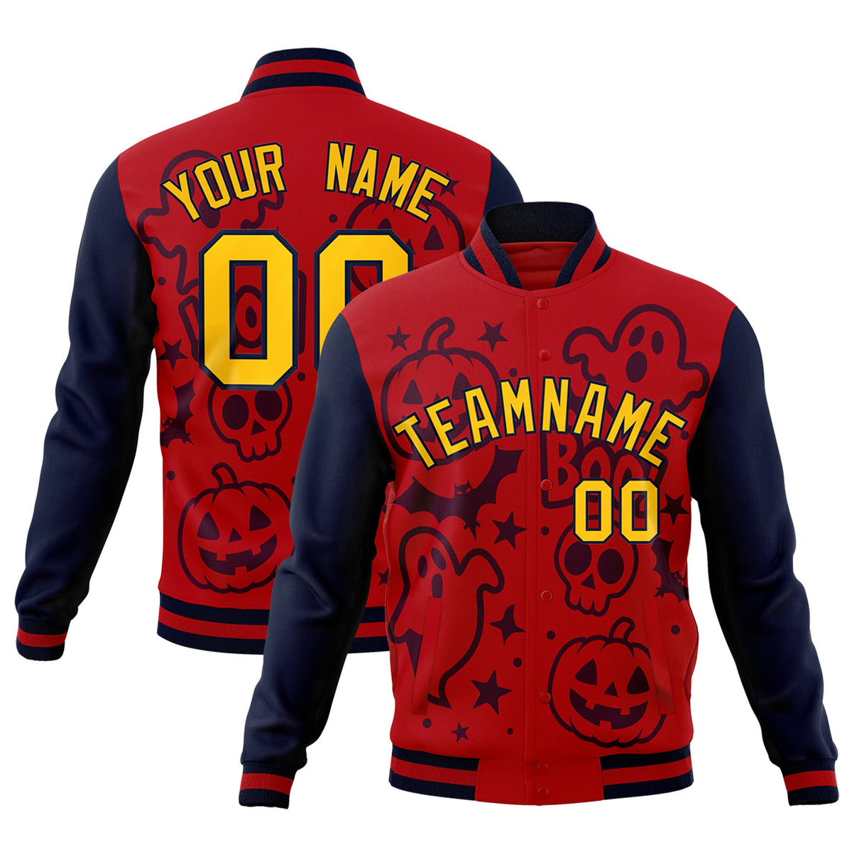 Custom Navy Red Gold Bats Pumpkins Ghost Patterns Halloween Letterman Jacket | Custom Letterman Jacket,Add Name and Numbern,Sublimation Printed &amp; Stitched,Perfect for Parties | KXKSHOP