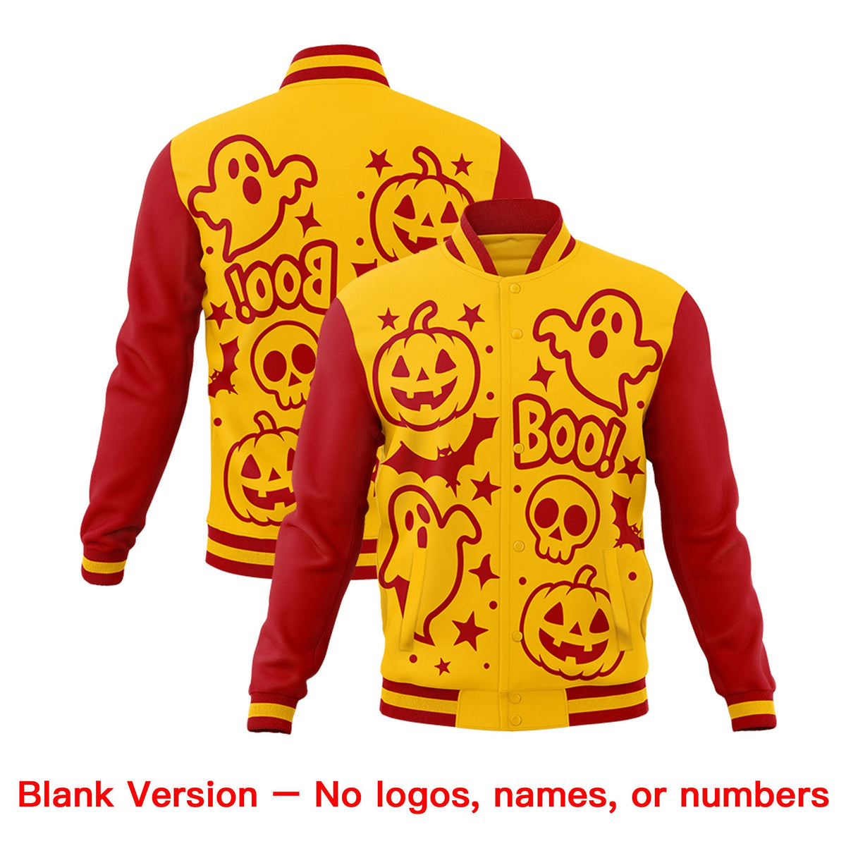 Custom Gold Red White Bats Pumpkins Ghost Patterns Halloween Letterman Jacket | Custom Letterman Jacket,Add Name and Numbern,Sublimation Printed &amp; Stitched,Perfect for Parties | KXKSHOP