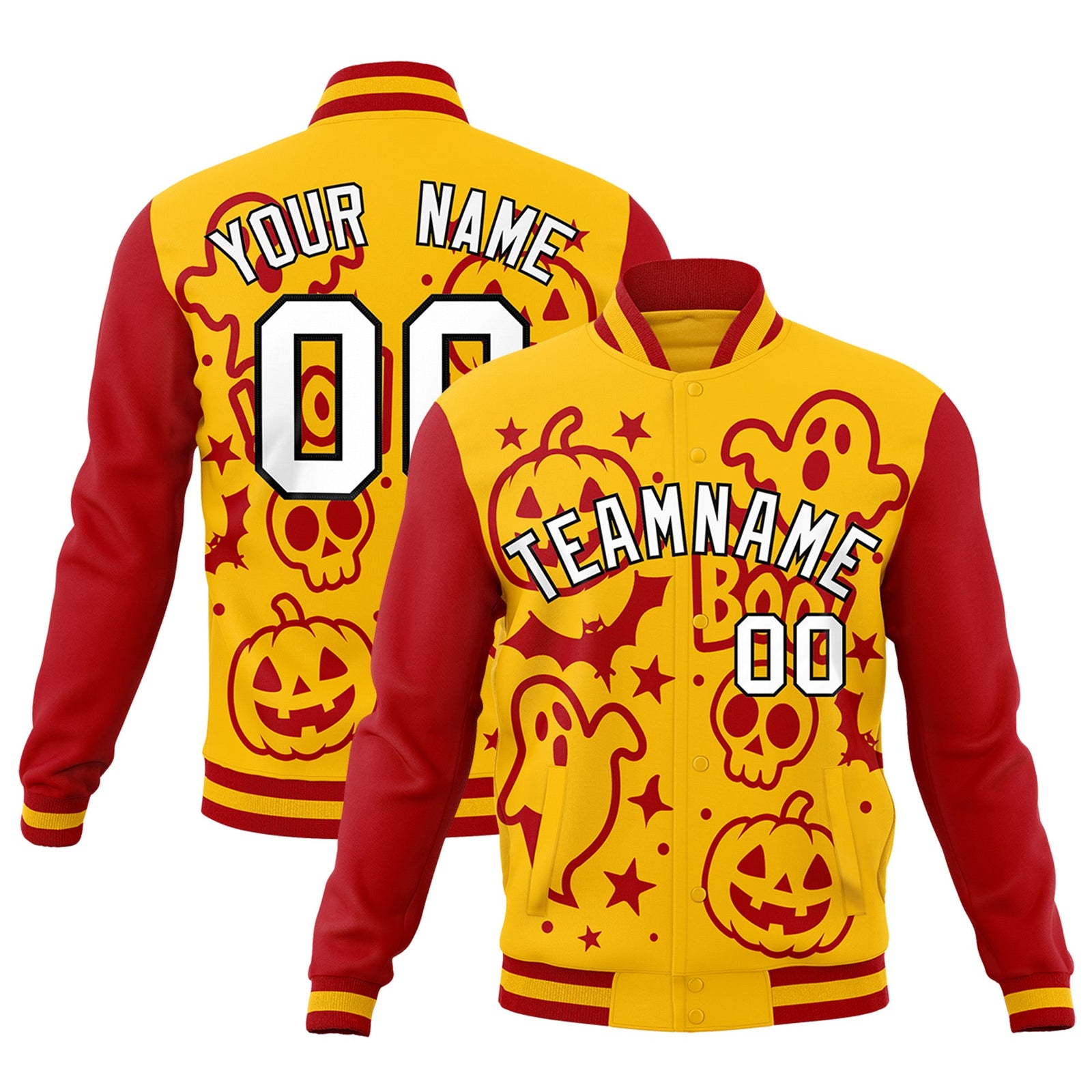 Custom Gold Red White Bats Pumpkins Ghost Patterns Halloween Letterman Jacket | Custom Letterman Jacket,Add Name and Numbern,Sublimation Printed & Stitched,Perfect for Parties | KXKSHOP