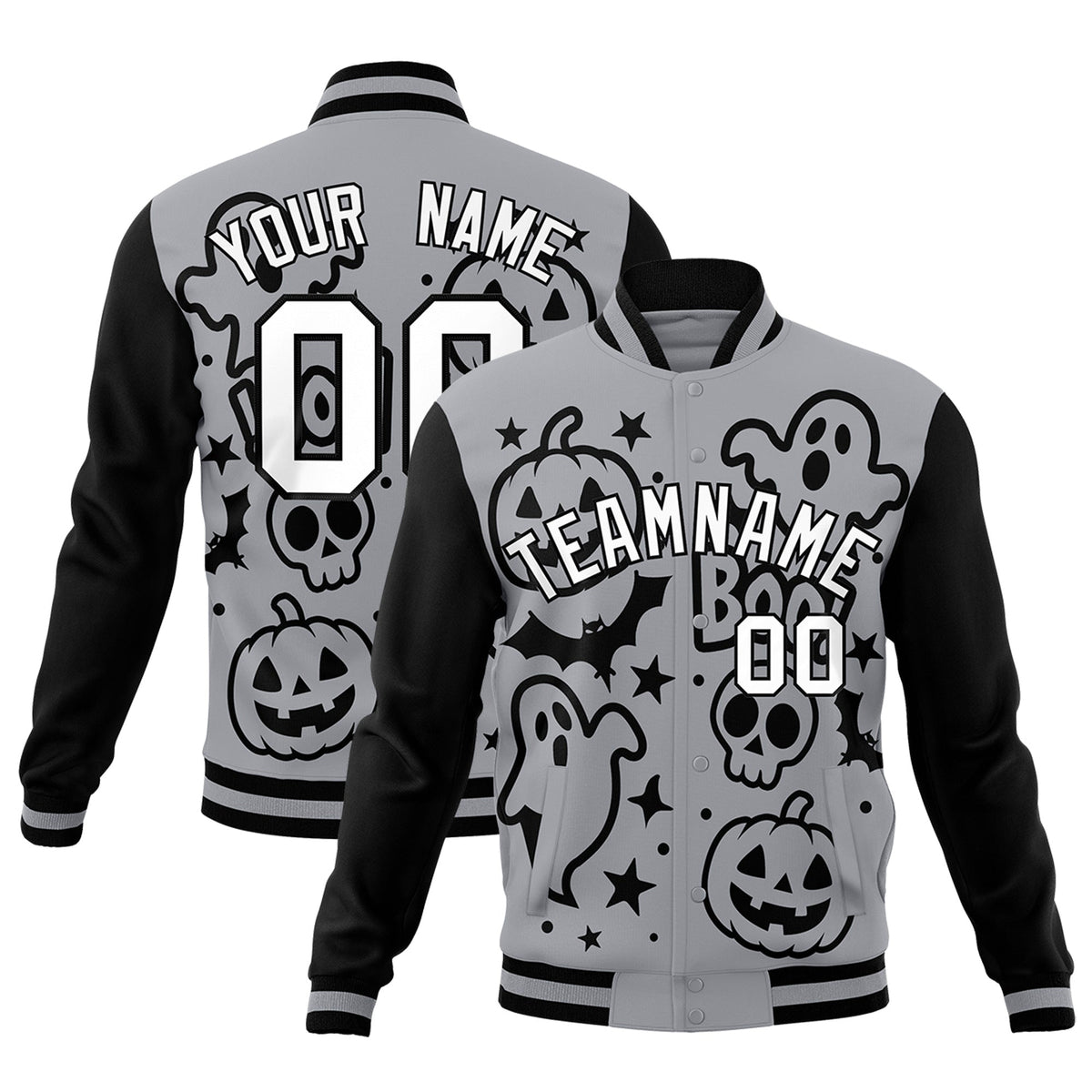 Custom Gray Black White Bats Pumpkins Ghost Patterns Halloween Letterman Jacket | Custom Letterman Jacket,Add Name and Numbern,Sublimation Printed &amp; Stitched,Perfect for Parties | KXKSHOP