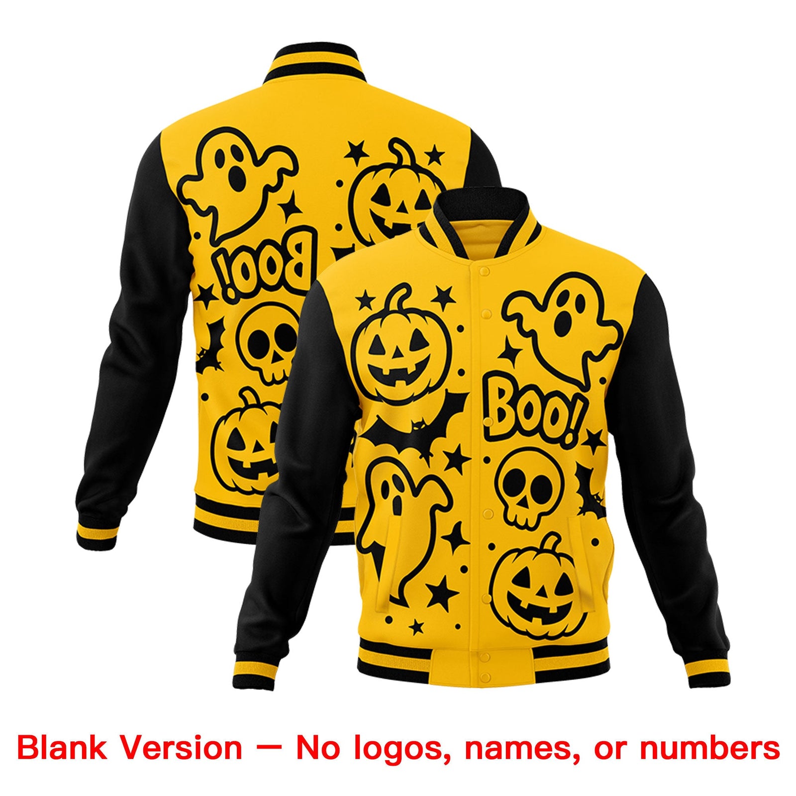 Custom Gold Black Red Bats Pumpkins Ghost Patterns Halloween Letterman Jacket | Custom Letterman Jacket,Add Name and Numbern,Sublimation Printed & Stitched,Perfect for Parties | KXKSHOP