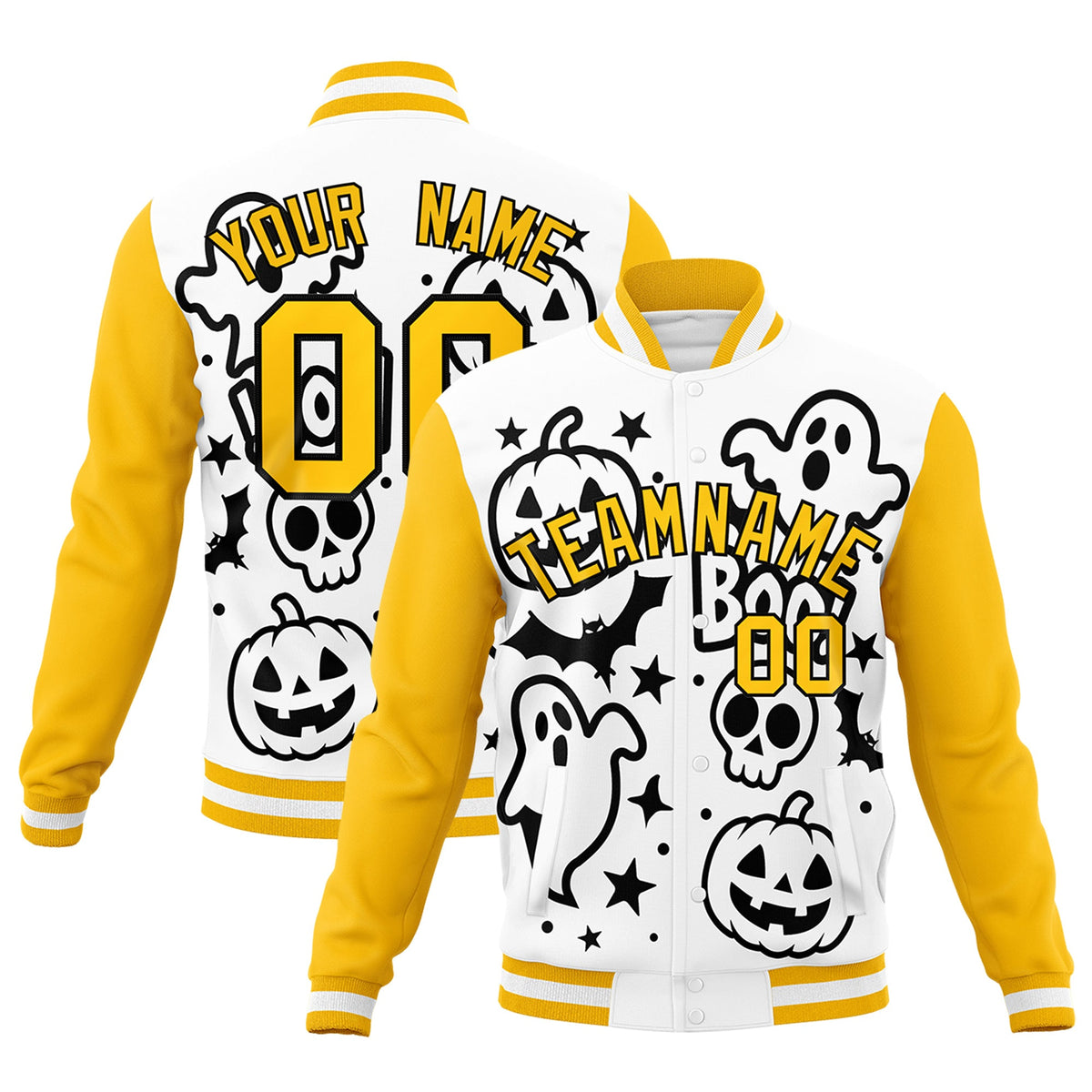 Custom White Black Gold Bats Pumpkins Ghost Patterns Halloween Letterman Jacket | Custom Letterman Jacket,Add Name and Numbern,Sublimation Printed &amp; Stitched,Perfect for Parties | KXKSHOP