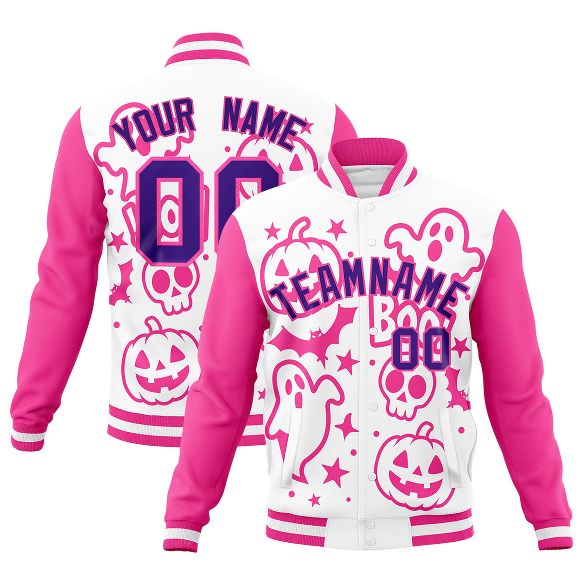 Custom White Pink Purple Bats Pumpkins Ghost Patterns Halloween Letterman Jacket | Custom Letterman Jacket,Add Name and Numbern,Sublimation Printed &amp; Stitched,Perfect for Parties | KXKSHOP