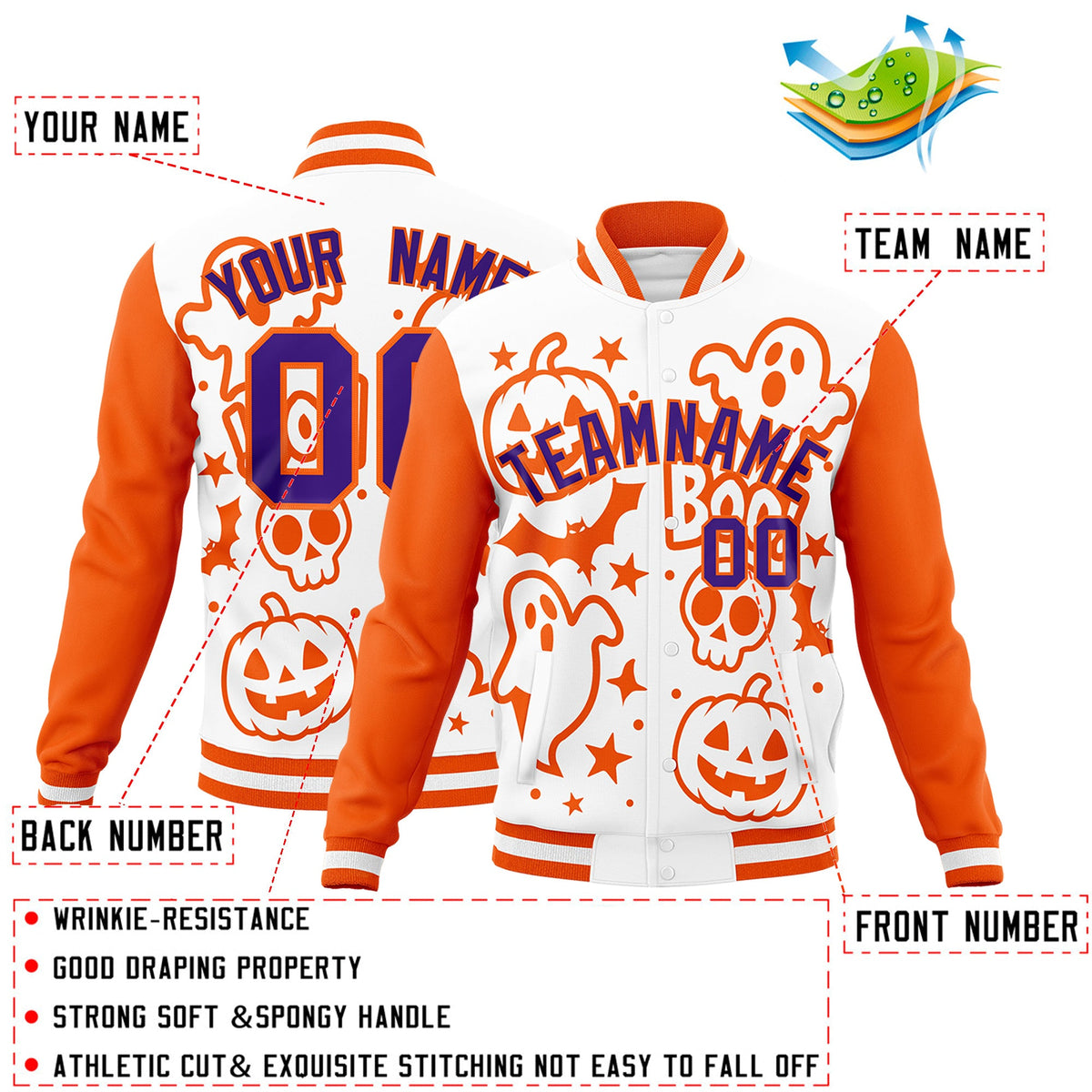 Custom White Orange Purple Bats Pumpkins Ghost Patterns Halloween Letterman Jacket | Custom Letterman Jacket,Add Name and Numbern,Sublimation Printed &amp; Stitched,Perfect for Parties | KXKSHOP